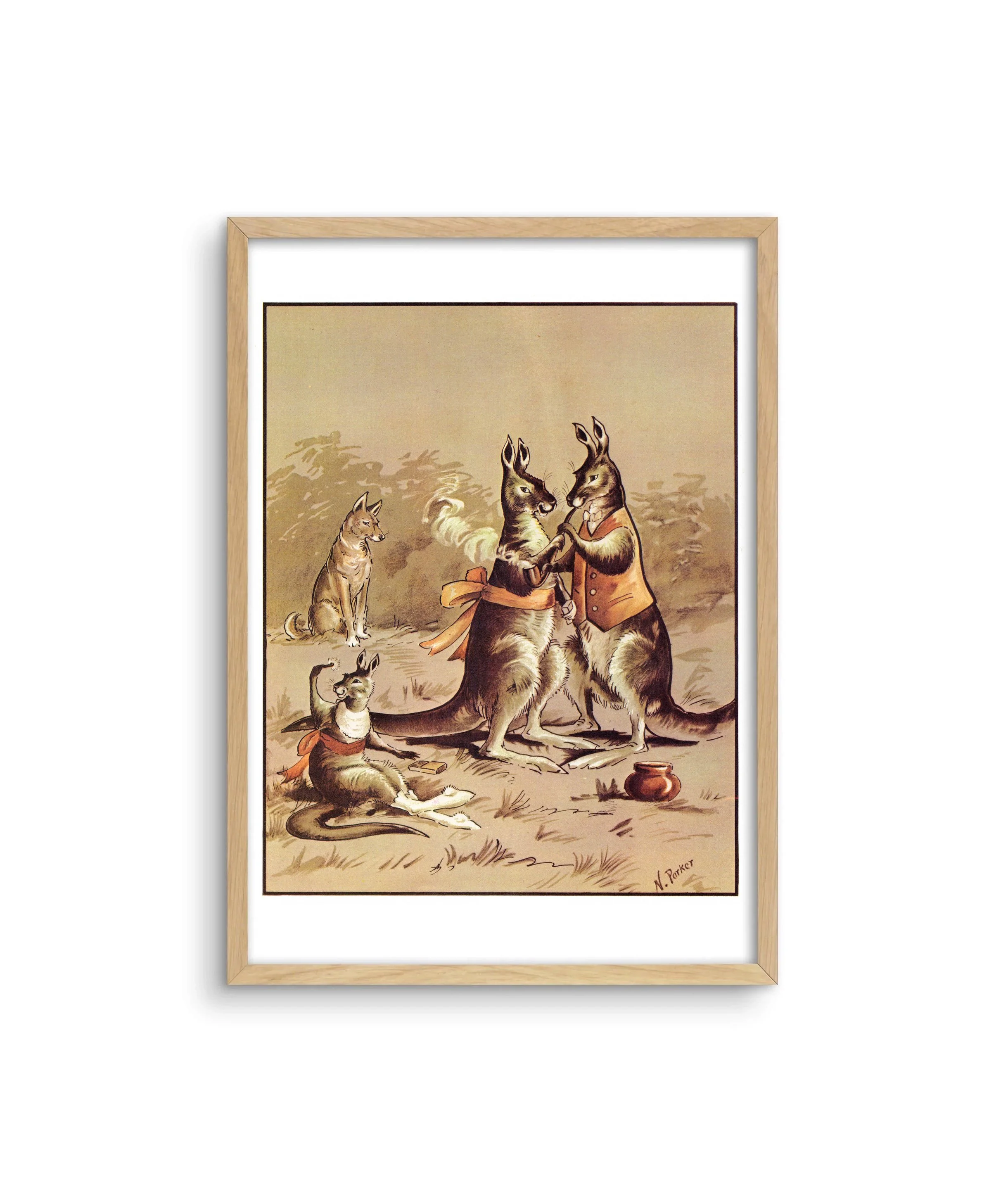 A framed Australiana print of a kangaroo family with the large kangaroos sharing a pipe by Nancy Parker.
