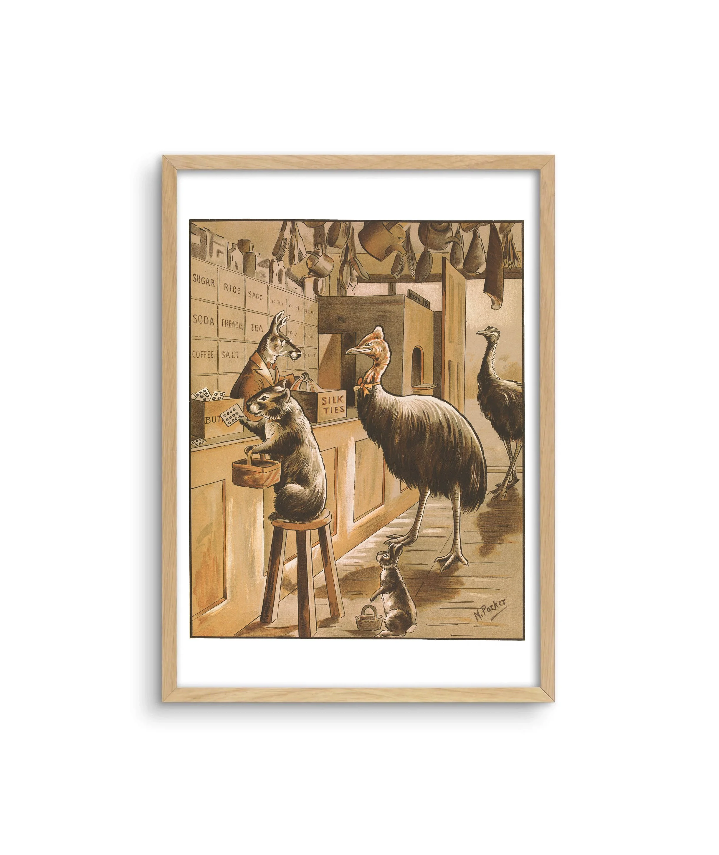 A framed Australiana print with Australian animals buying silk ties in a store by Nancy Parker.