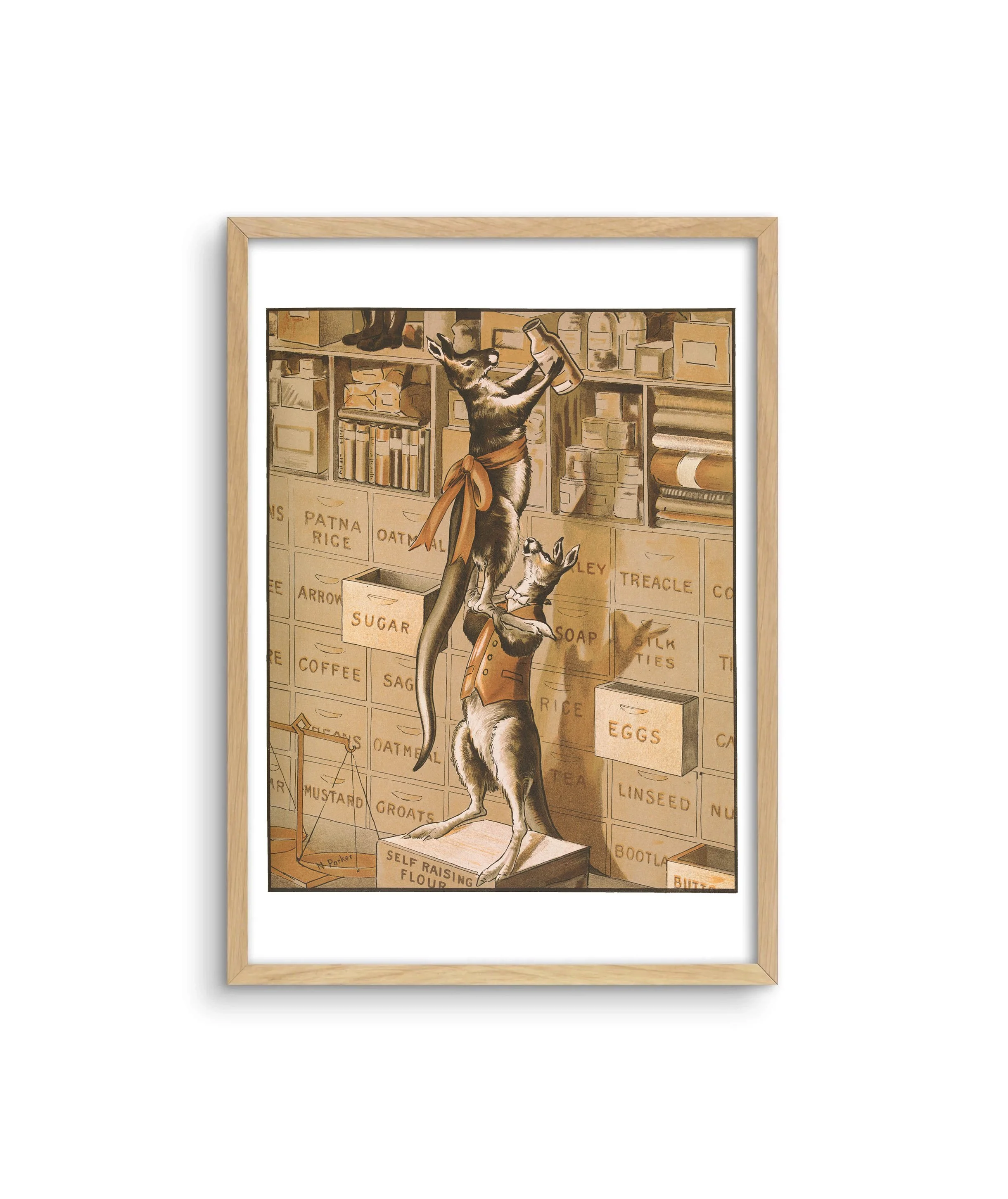 A framed Australiana print with kangaroos stacking shelves by Nancy Parker.