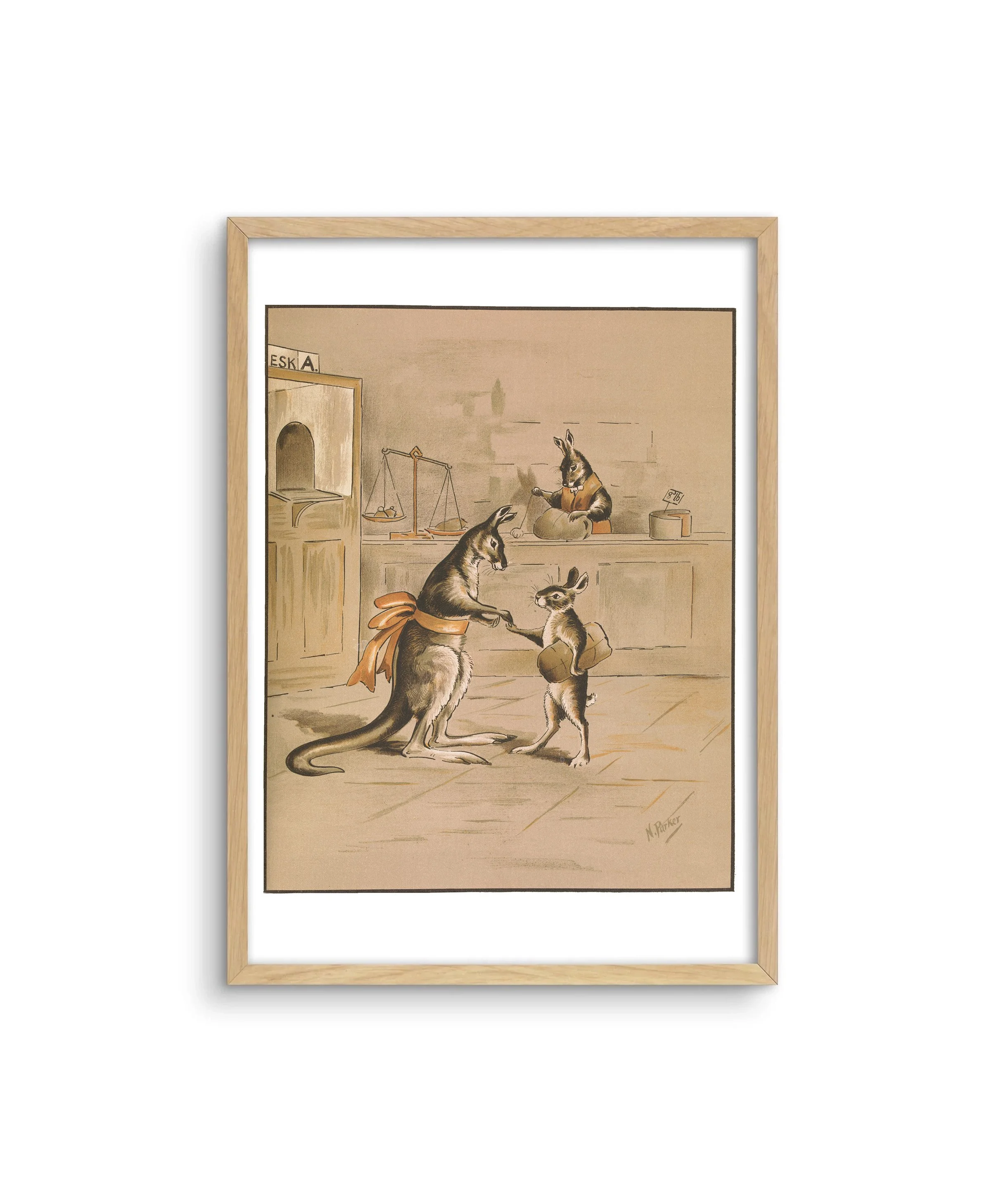 A framed Australiana print with kangaroos and a rabbit exchanging change in a store by Nancy Parker.