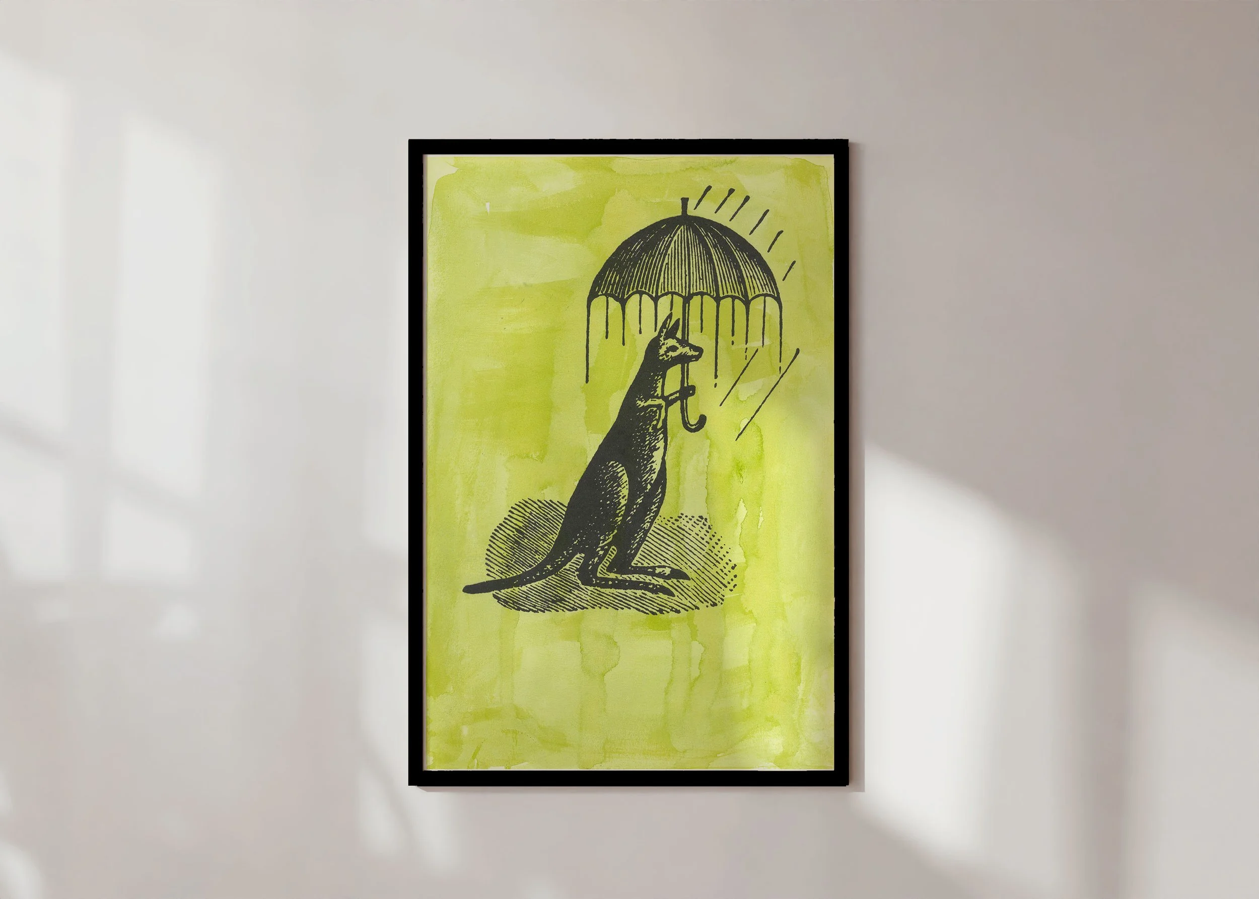 A framed print of an Australiana illustration of a kangaroo with an umbrella, with a lime gouache wash behind.