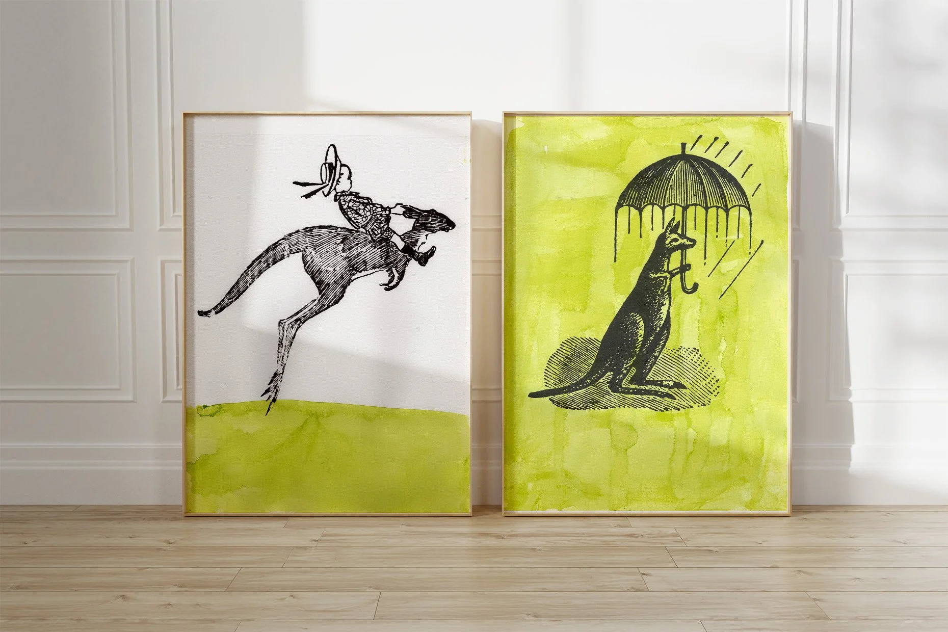 Two framed Australiana prints with kangaroos featuring Bubbles by DH Souter and Rainy Days lime wash.