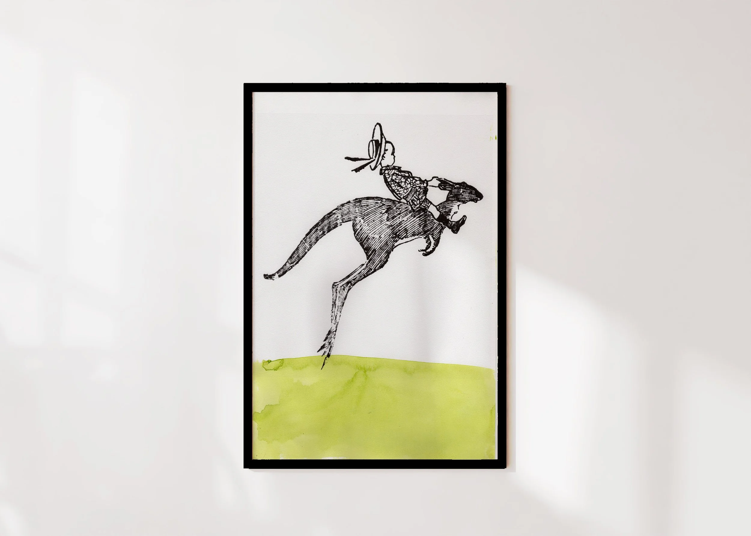 A framed print of an illustration by DH Souter of Bubbles riding a kangaroo, with a gouache wash applied.