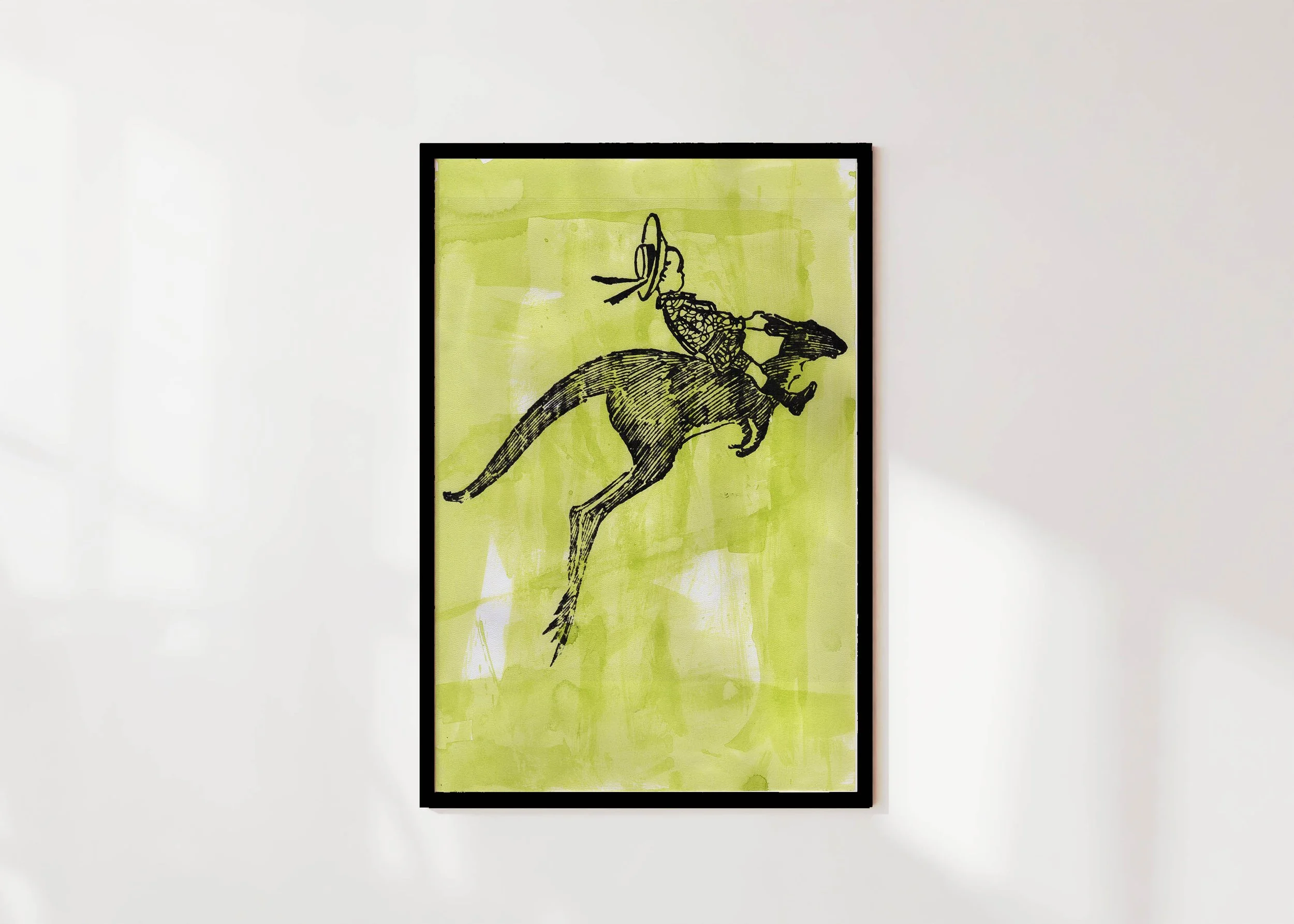 A framed print of an Australiana illlustration by DH Souter featuring Bubbles riding a kangaroo, with a citrus green gouache wash applied behind.