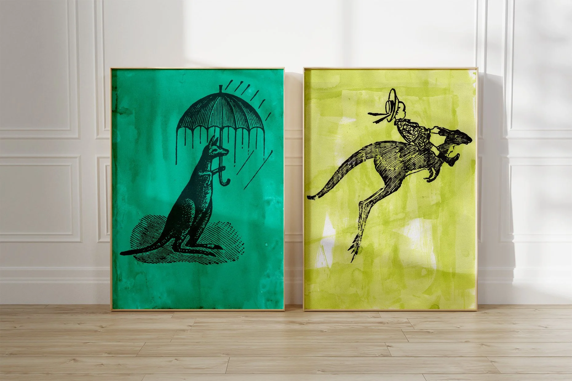 Two framed Australiana prints with kangaroos featuring Rainy Days and Bubbles by DH Souter.