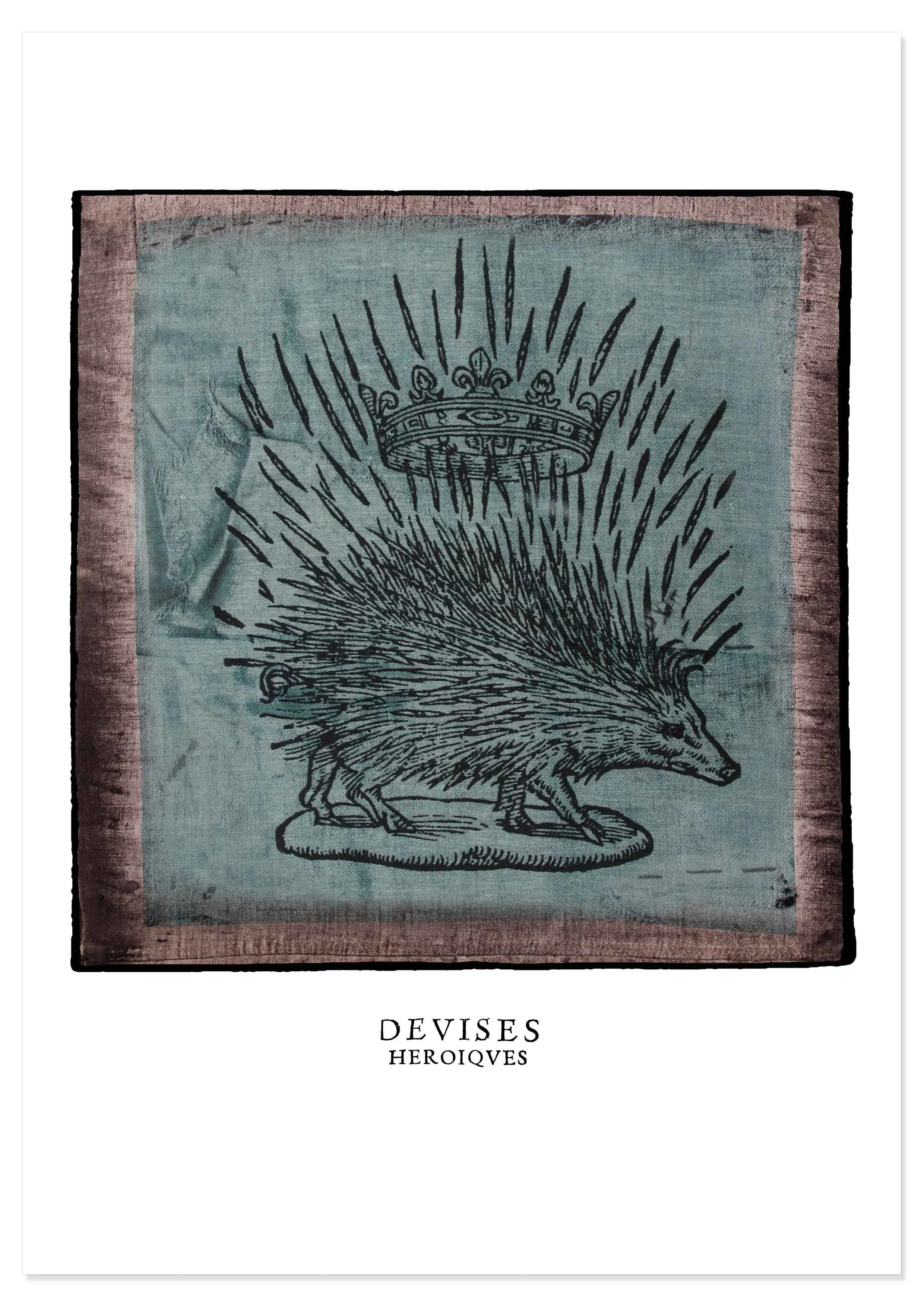 Porcupine illustration by Claude Paradin with antique linen behind.