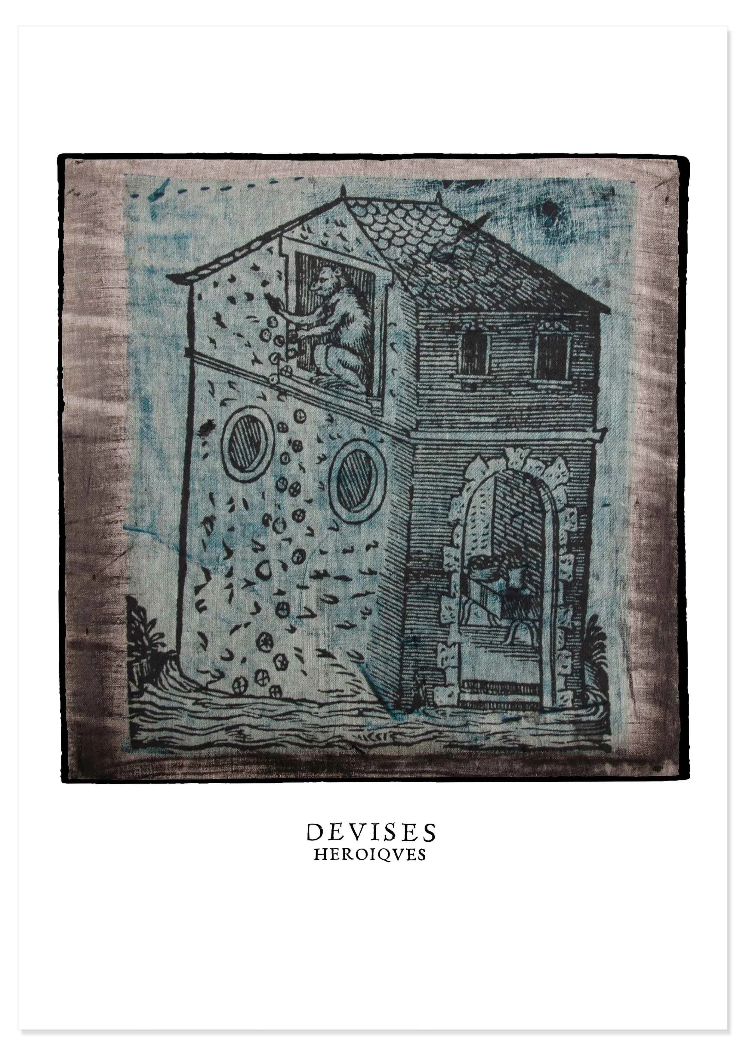 Decorex print of monkey illustration by Claude Paradin with antique linen behind.