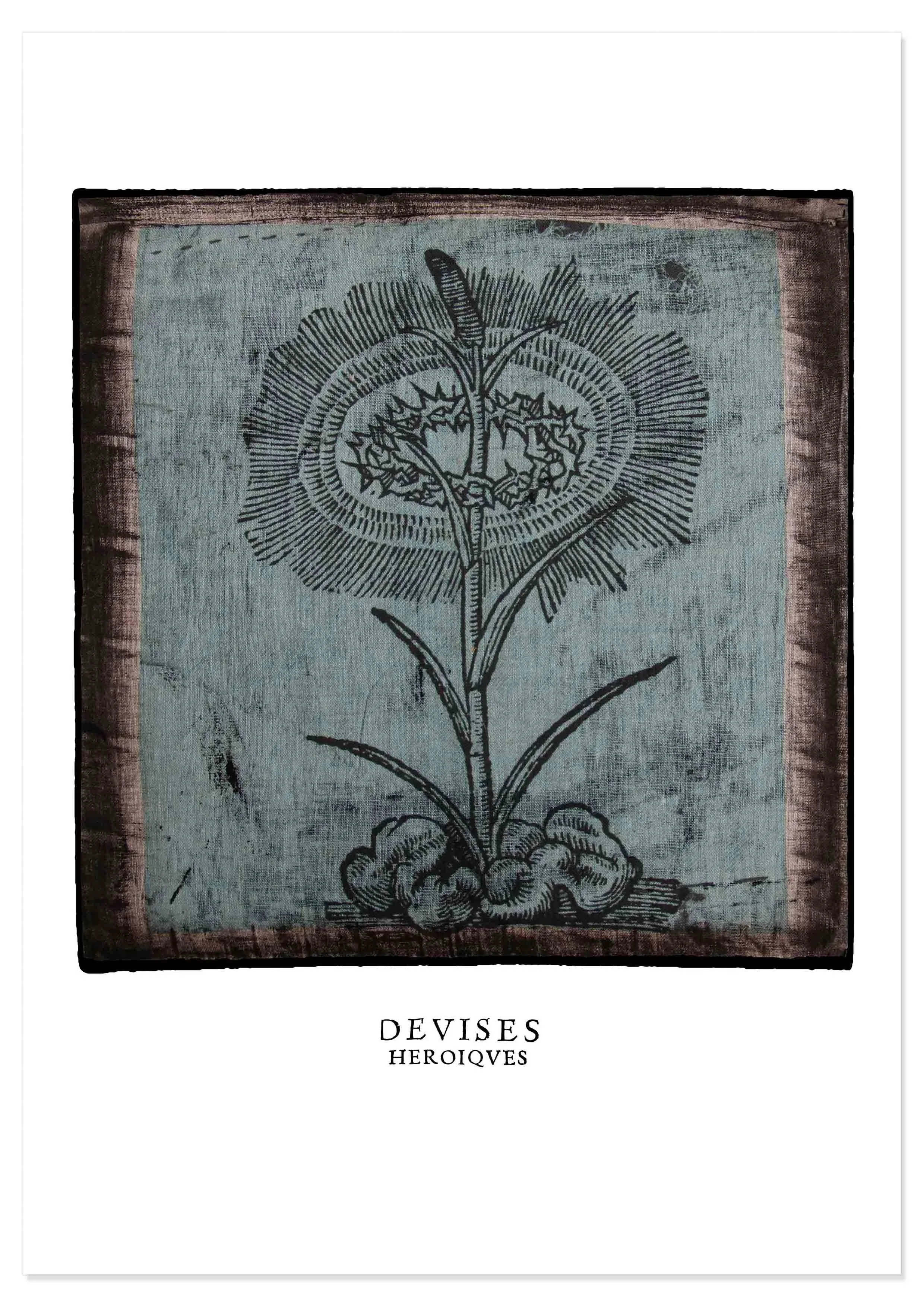 Decorex print of illustration of spring by Claude Paradin with antique linen behind.