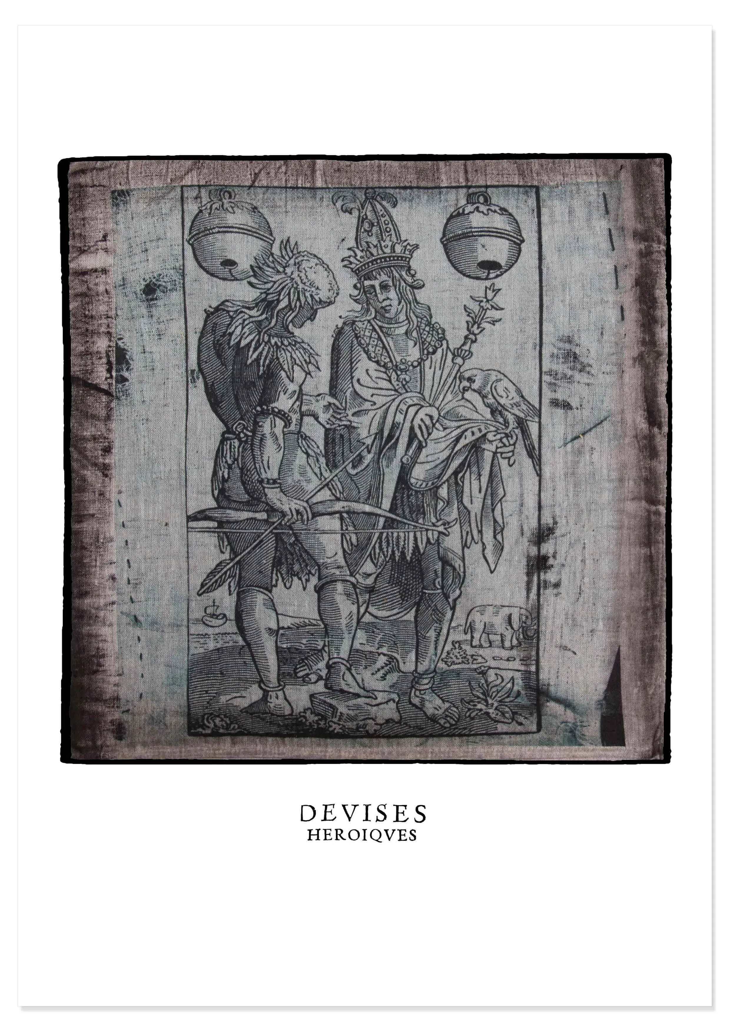 Decorex print of hunter with elephant illustration by Claude Paradin with antique linen behind.
