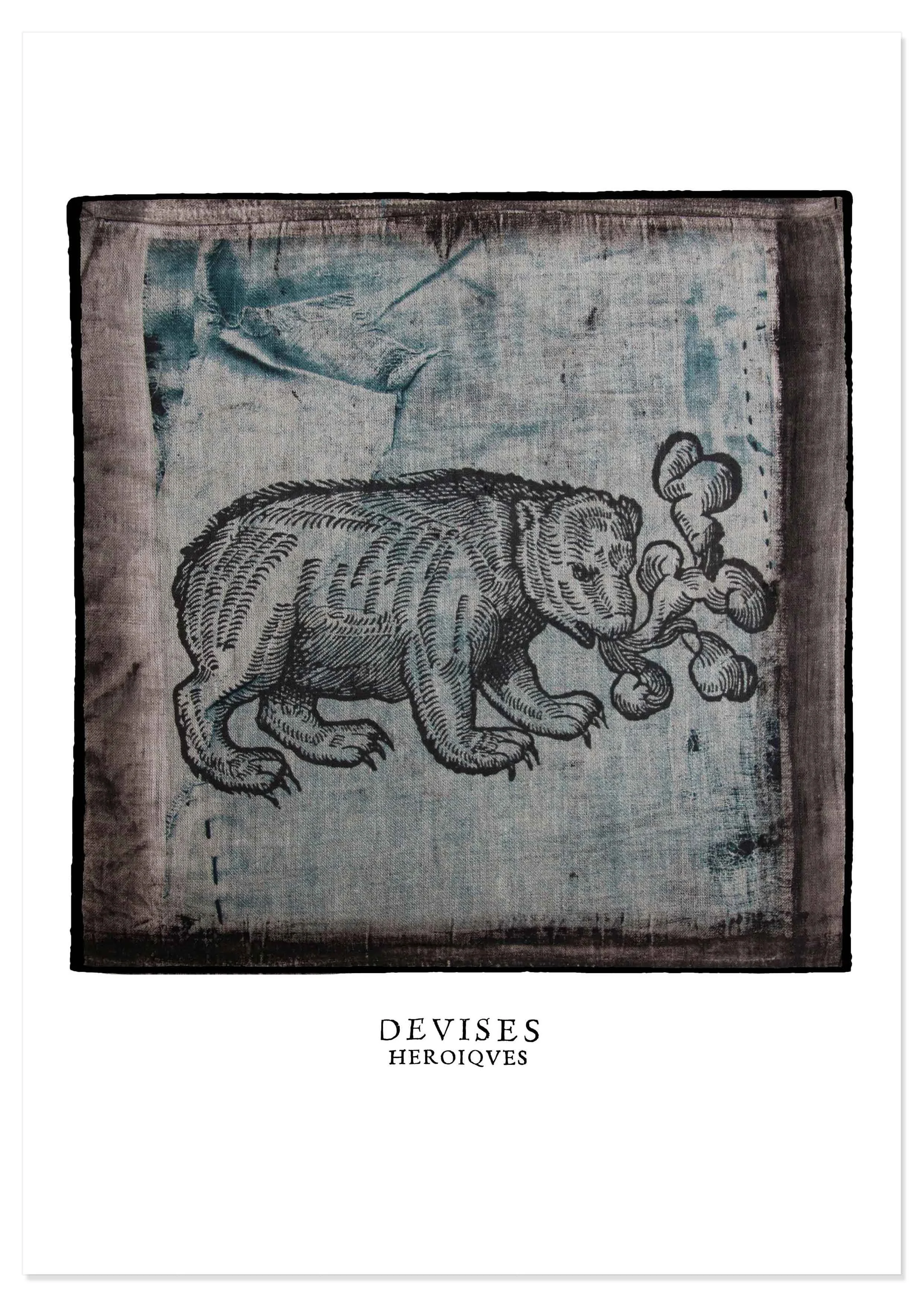 Decorex print of bear illustration by Claude Paradin with antique linen behind.