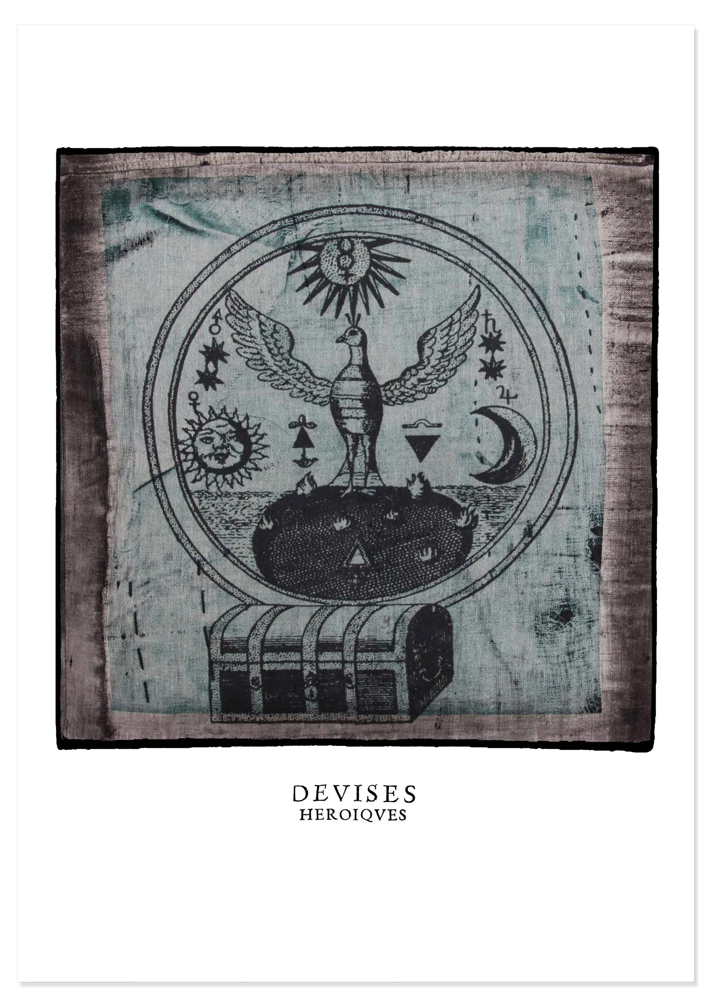 Decorex print of treasure and bird illustration by Claude Paradin with antique linen behind.