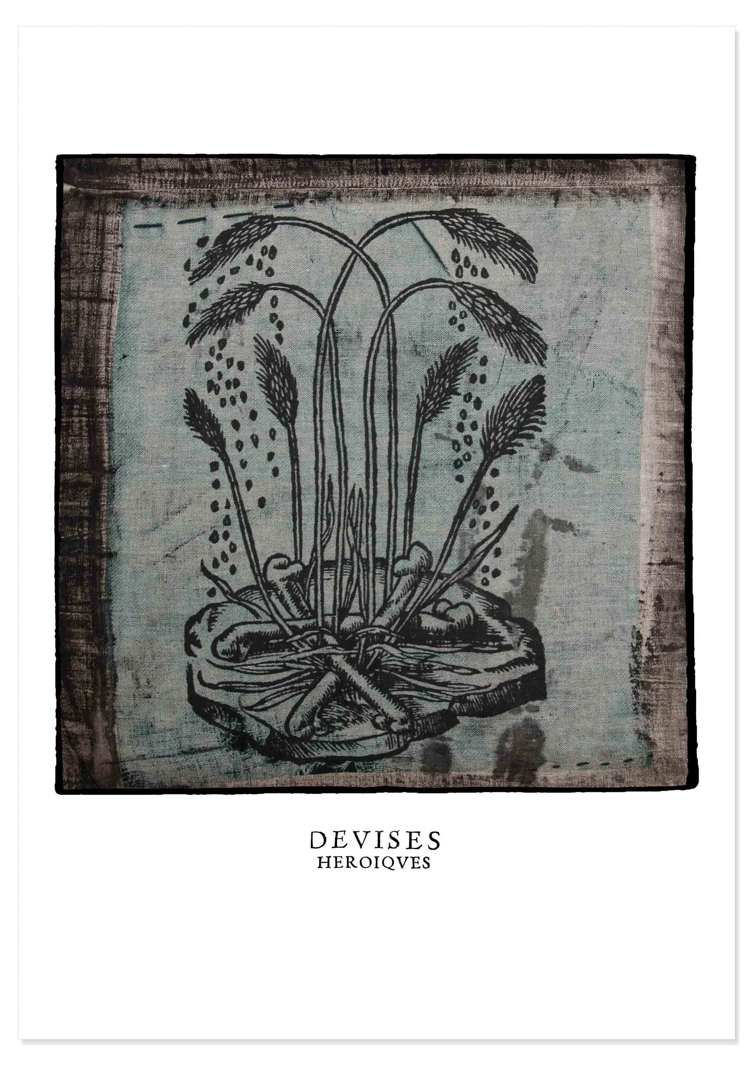 Decorex print of wheat illustration by Claude Paradin with antique linen behind.