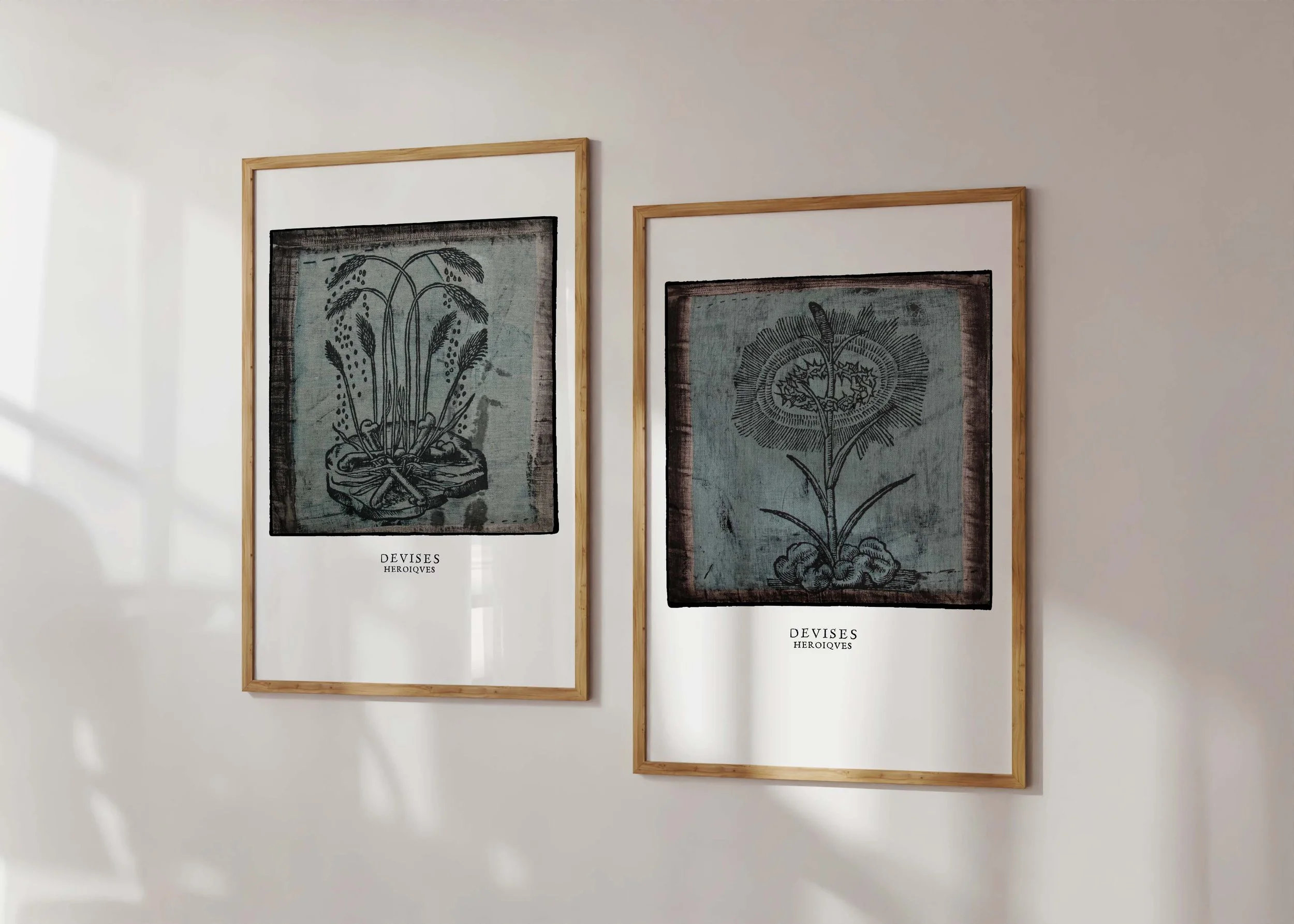 Two framed decorex prints featuring illustrations by Claude Paradin with antique linen behind.