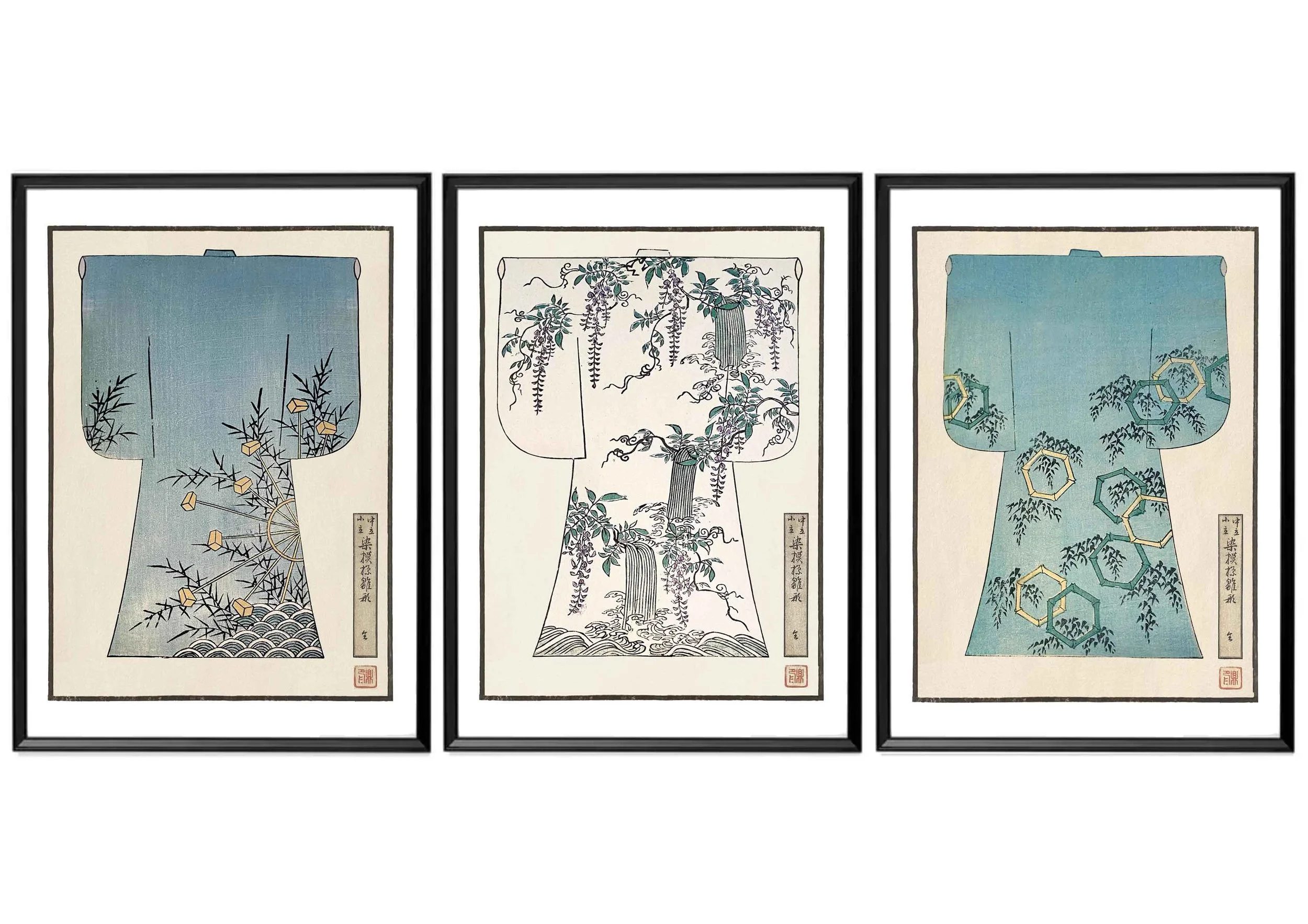 A set of three framed decorex prints of children's kimonos featuring sky designs.