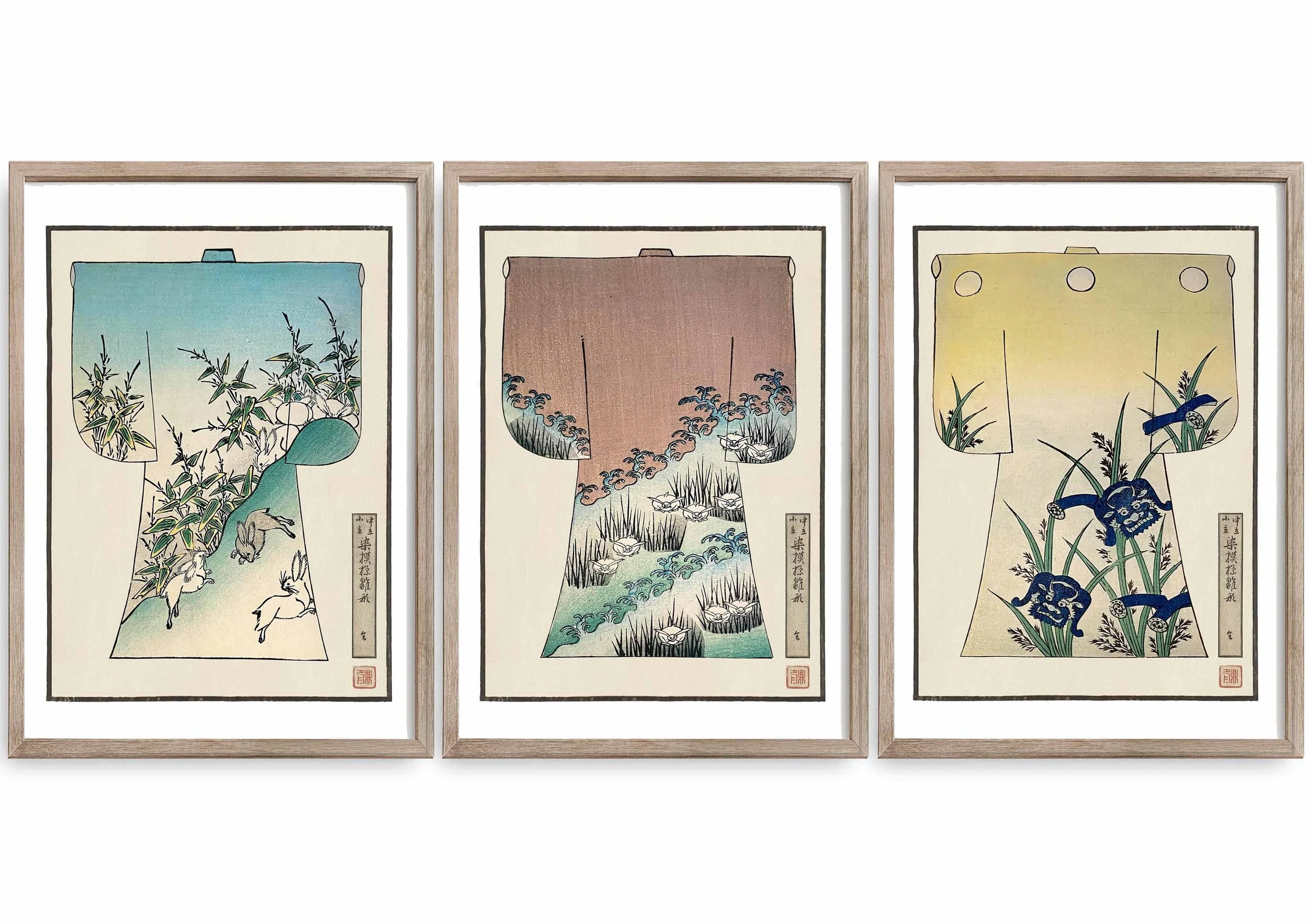 A set of three framed decorex prints of children's kimonos featuring elements designs.