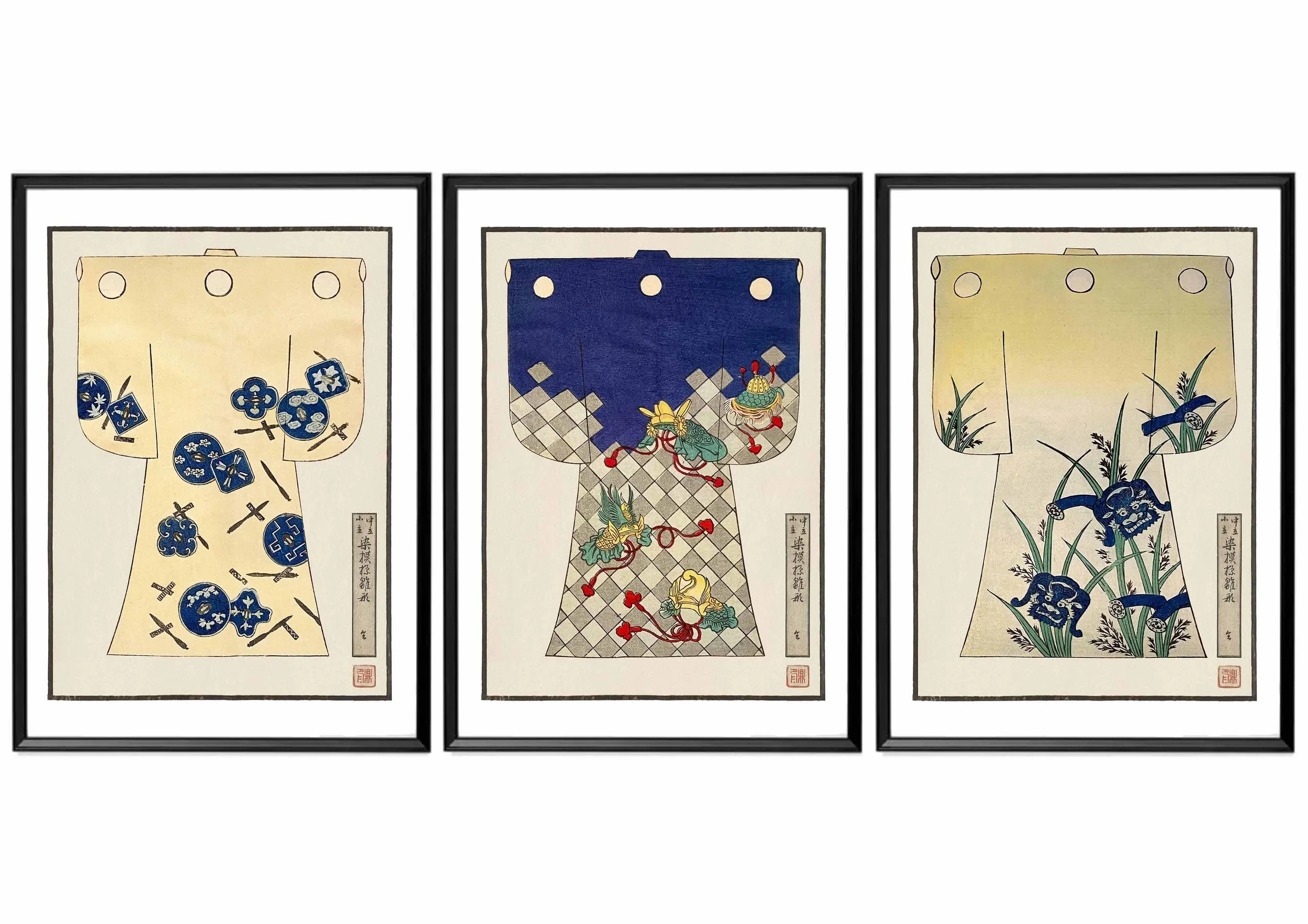 A set of three framed decorex prints of children's kimonos featuring warrior designs.