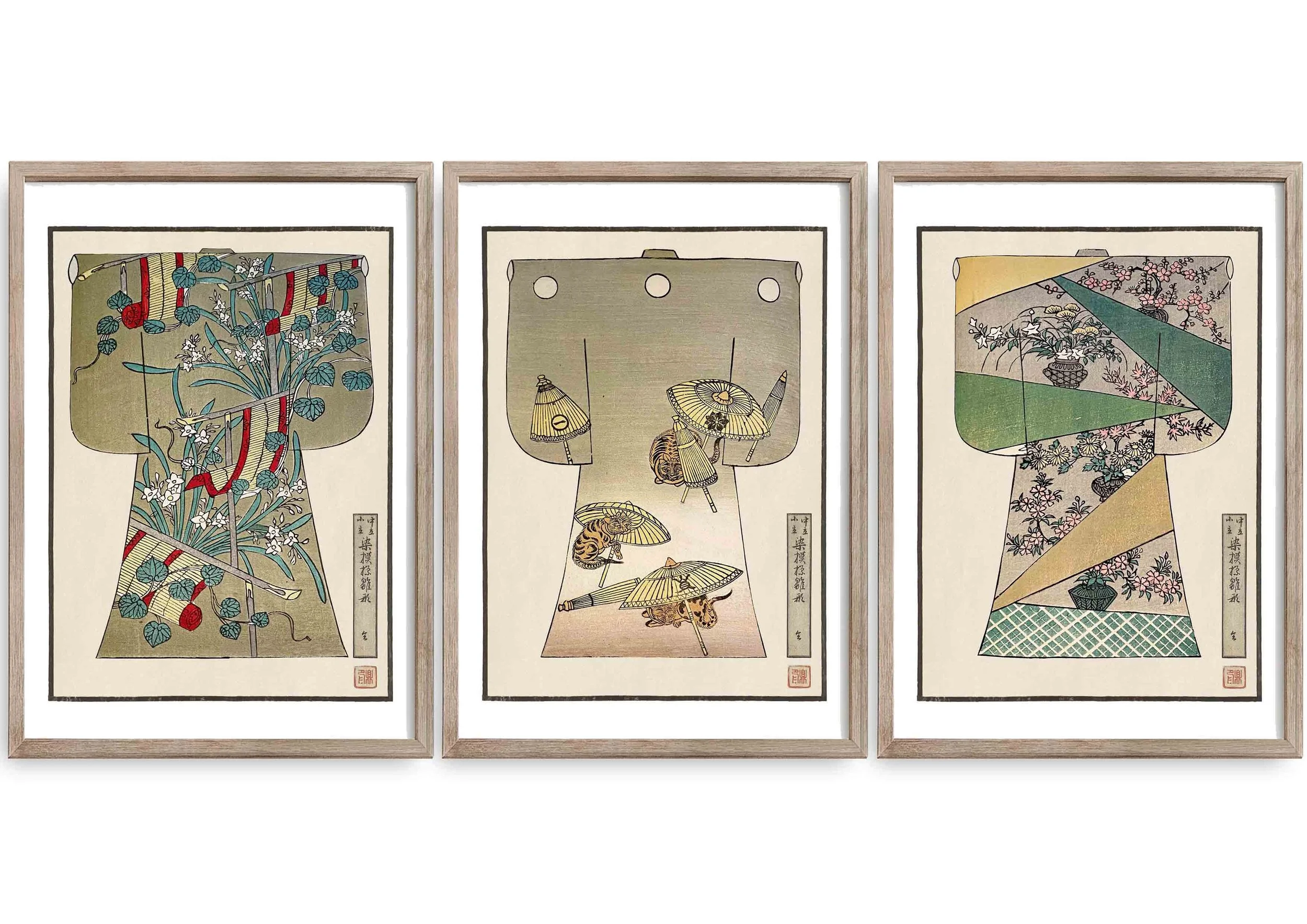 A set of three framed decorex prints of children's kimonos featuring golden designs.