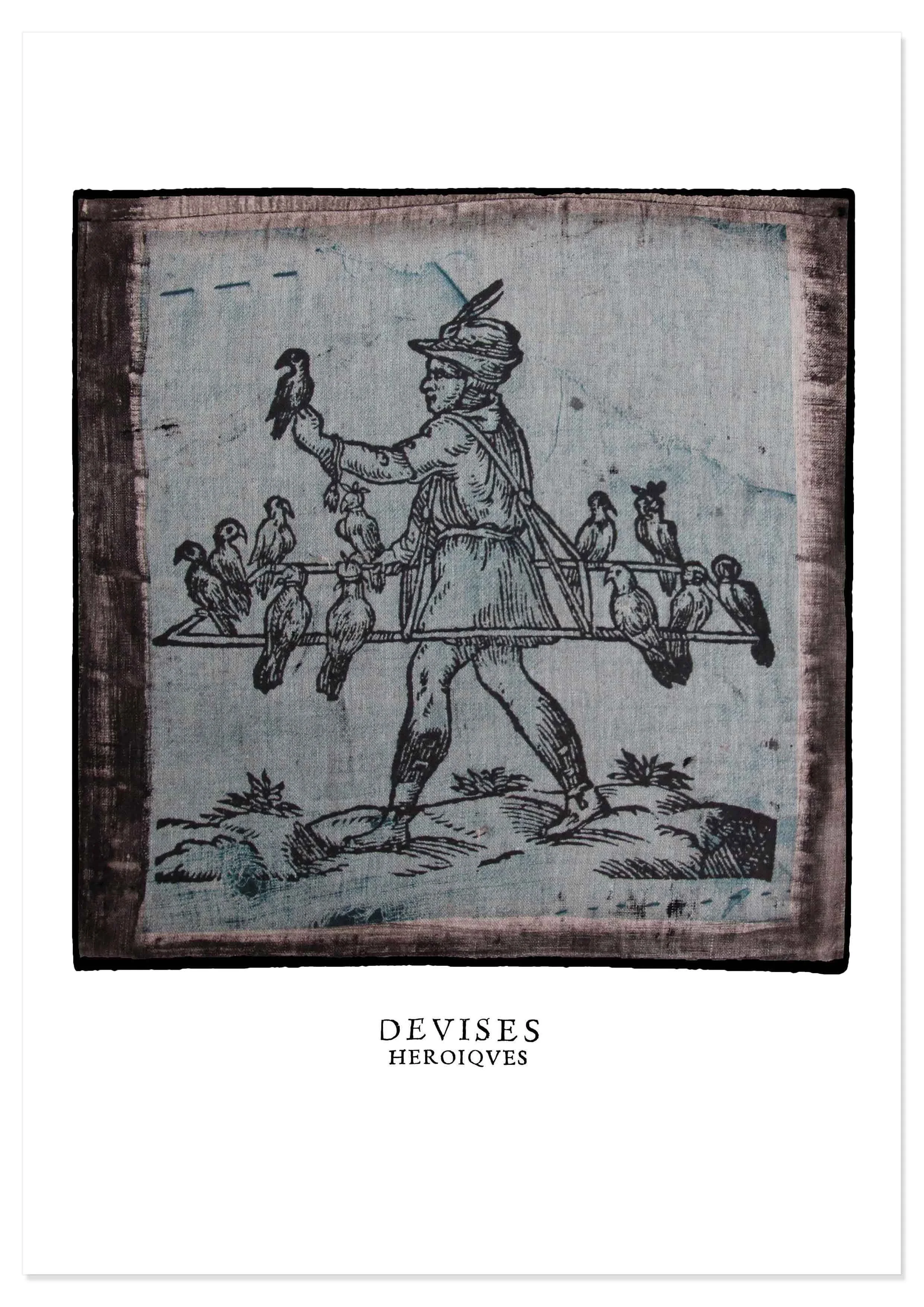 Decorex print of illustration of birds by Claude Paradin with antique linen behind.
