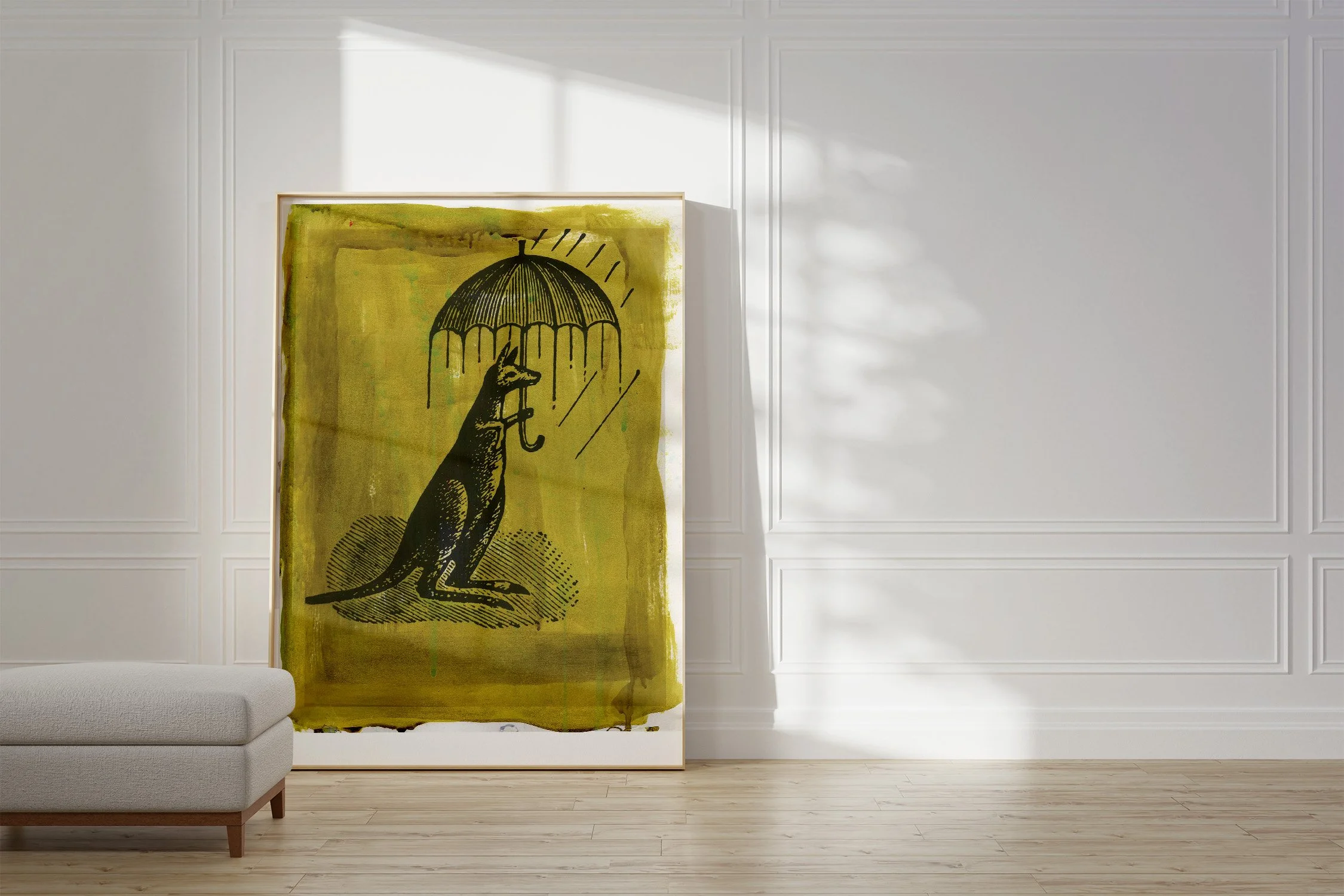 Framed Australiana print of rainy days chartreuse, with an image of a kangaroo holding an umbrella with a gouache chartreuse wash behind.