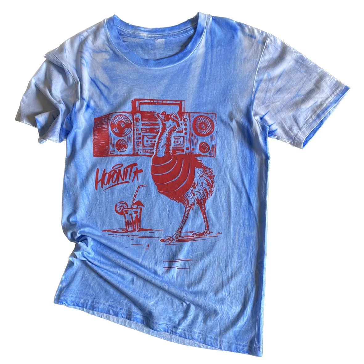 An Australiana HOPONIT tshirt with an oxidised blue treatment and a red illustration of an emu with a boombox.