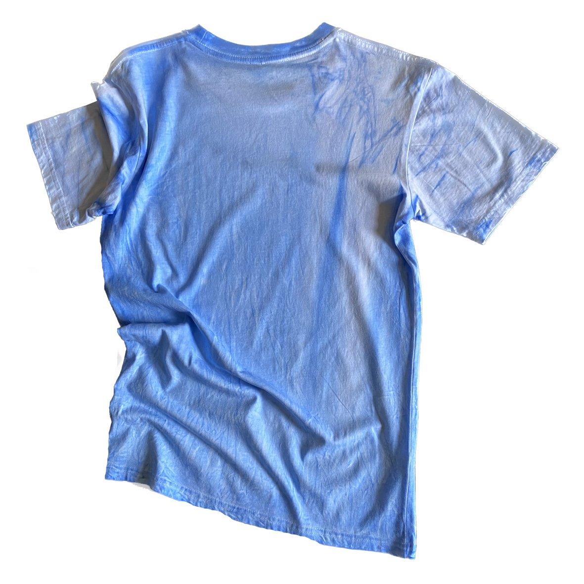 The back of an emu boombox HOPONIT tshirt with blue oxidised treatment.