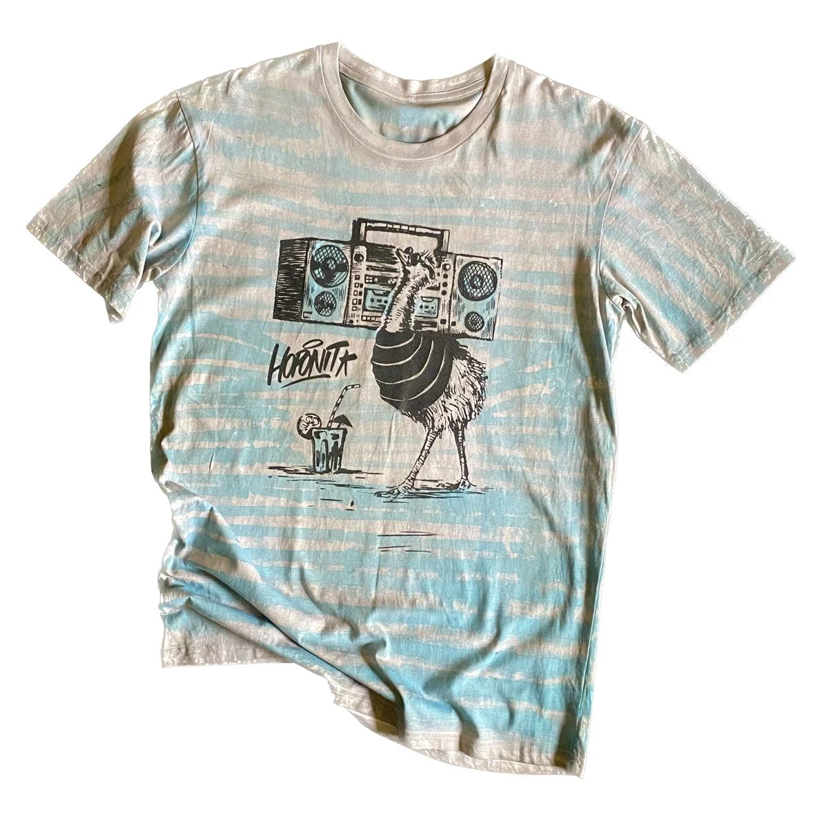 An Australiana HOPONIT striped grey and green t shirt with an illustration of an emu with a boombox.