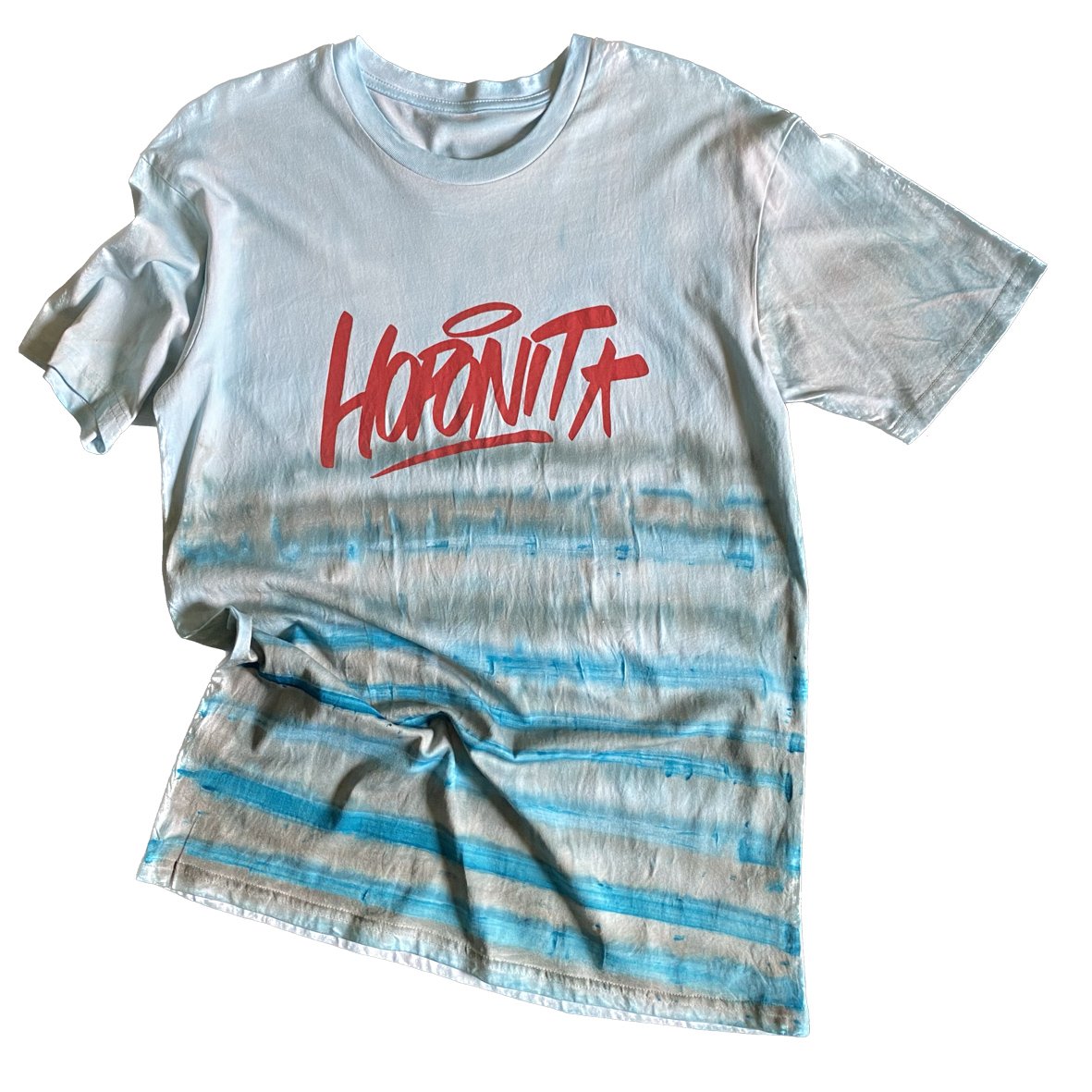 A HOPONIT limited edition tee with an oxidised treatment in soft aqua with stripes.