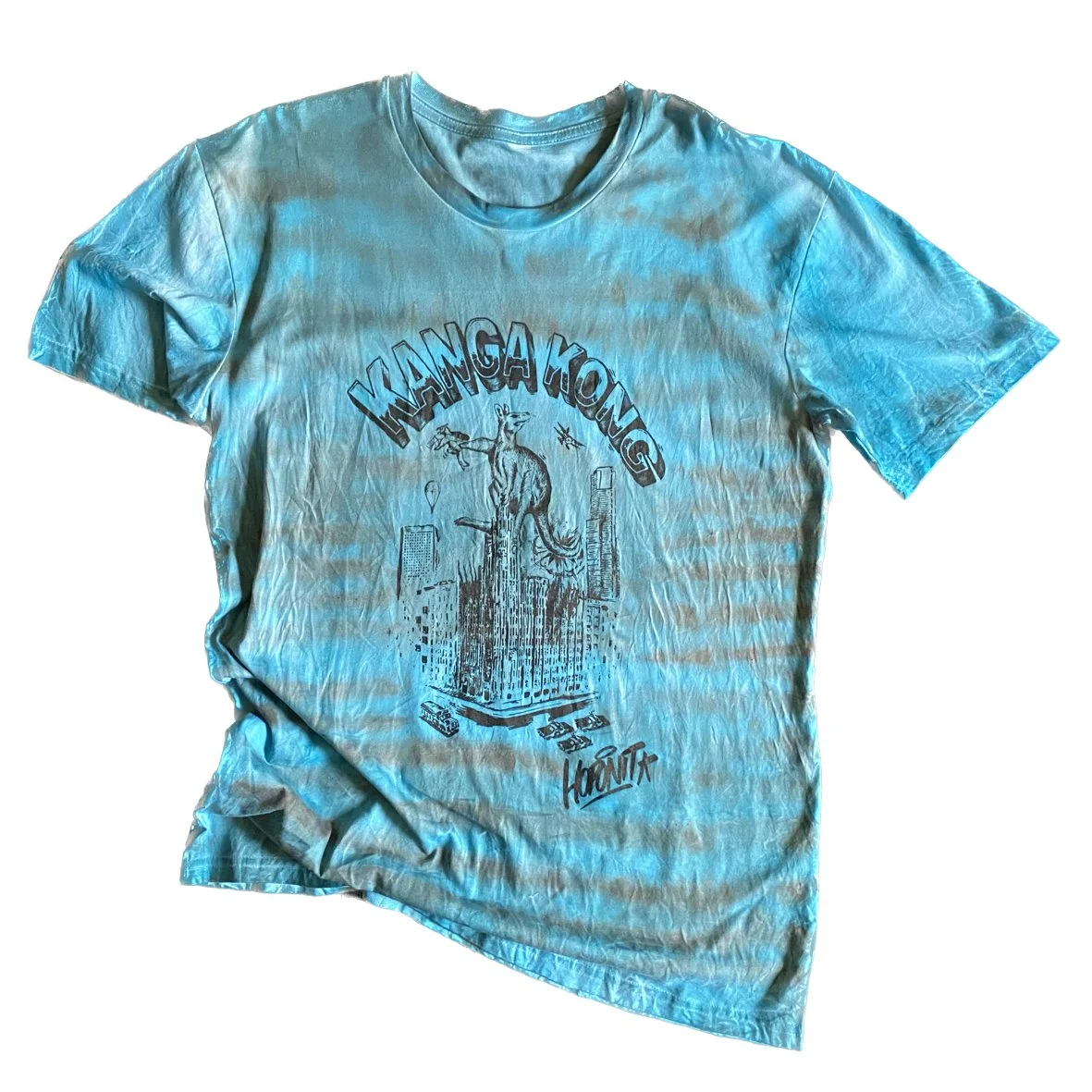 An Australiana HOPONIT Kanga Kong tee with oxidised treatment and blue and grey stripes.