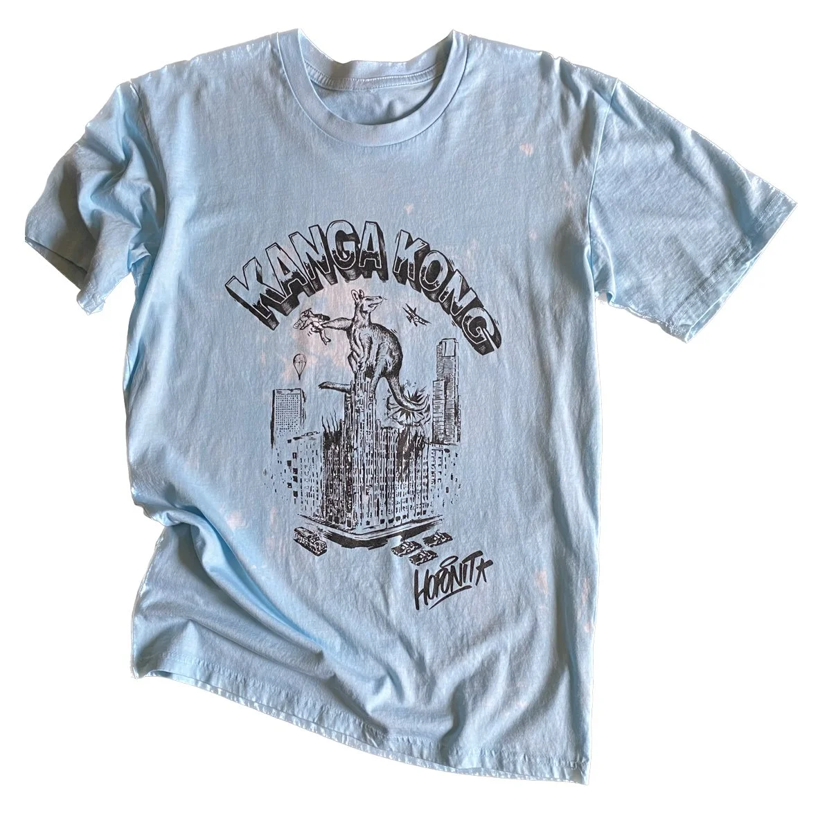 A HOPONIT Australiana t shirt with kanga kong and an oxidised blue treatment.