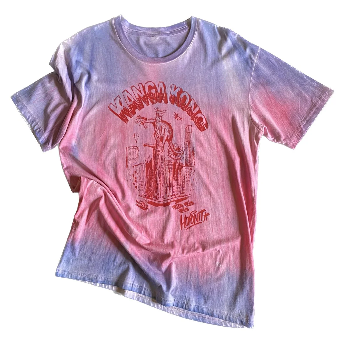 A HOPONIT Australiana Kanga Kong t shirt with pink and purple oxidised treatment.