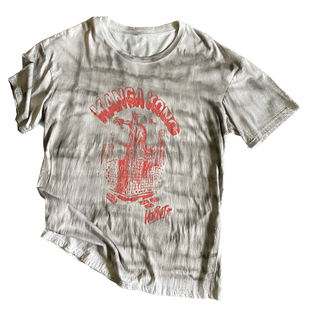 A HOPONIT Australiana Kanga Kong tshirt with a grey striped oxidised treatment.