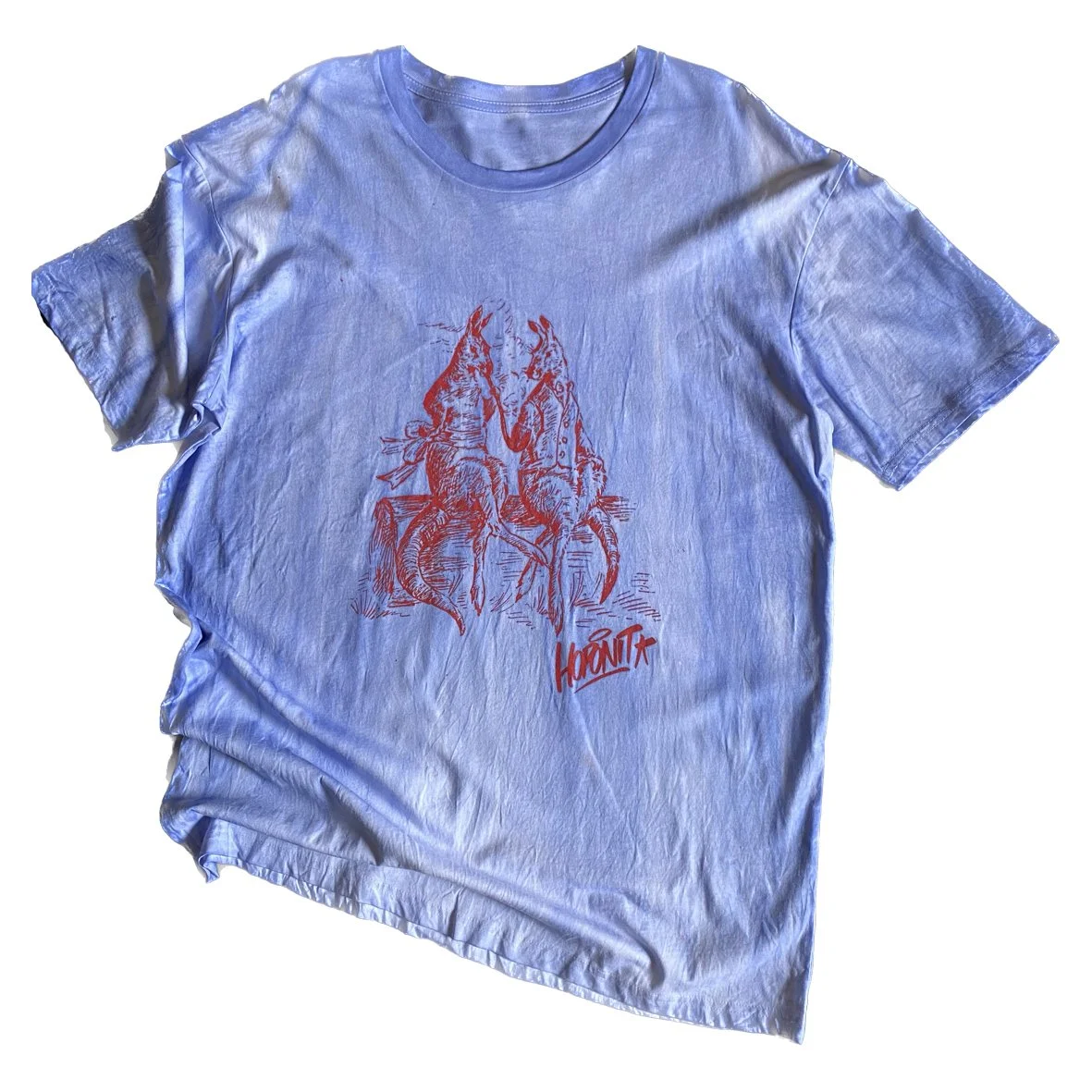 A HOPONIT Australiana t shirt with a kangaroo illustration by N. Parker with a blue oxidised treatment.