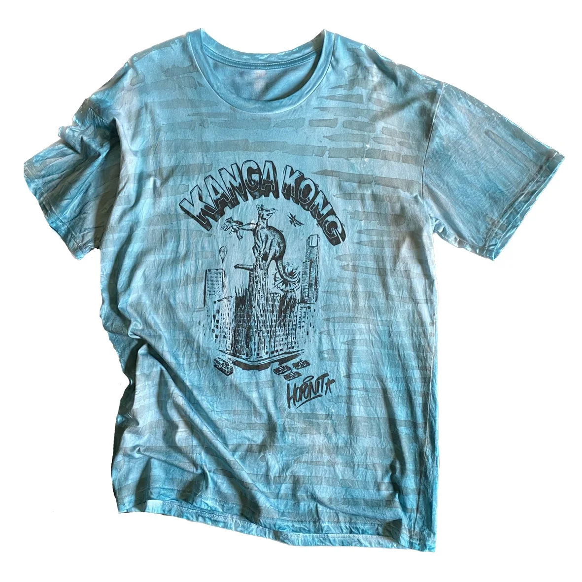 A HOPONIT Australiana Kanga Kong t shirt with striped aqua and grey oxidised treatment.