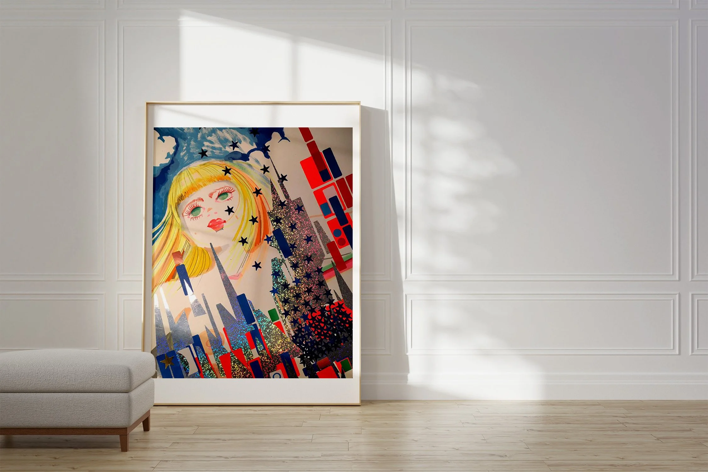 A framed print by ARMNP of a blonde girl with stars in her green eyes and city buildings in the background.