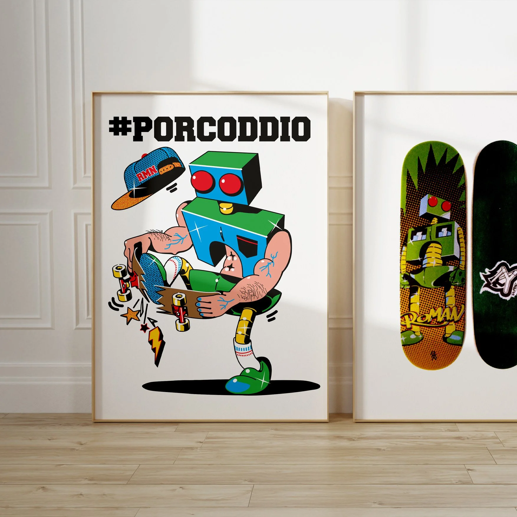 Two framed Artist prints by ARMNP of Porcoddio and Roman skate decks.