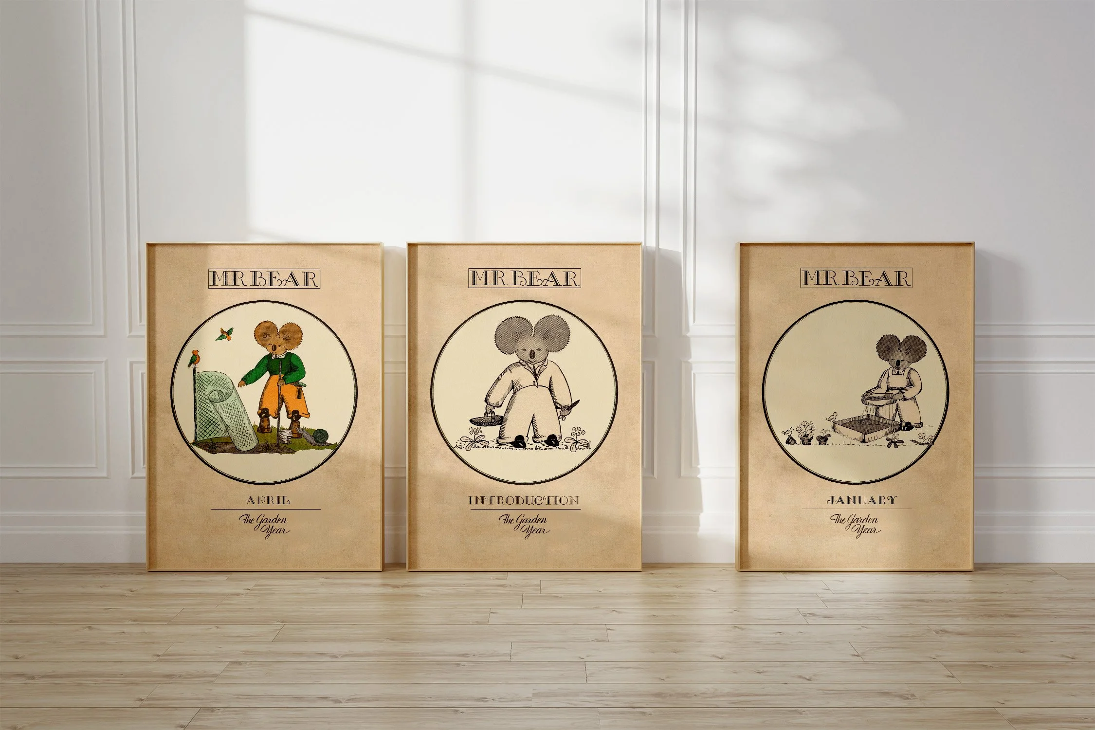 Three framed Oz prints of a koala Mr Bear, erecting a wire fence in April, cutting flowers and sowing seeds in January.