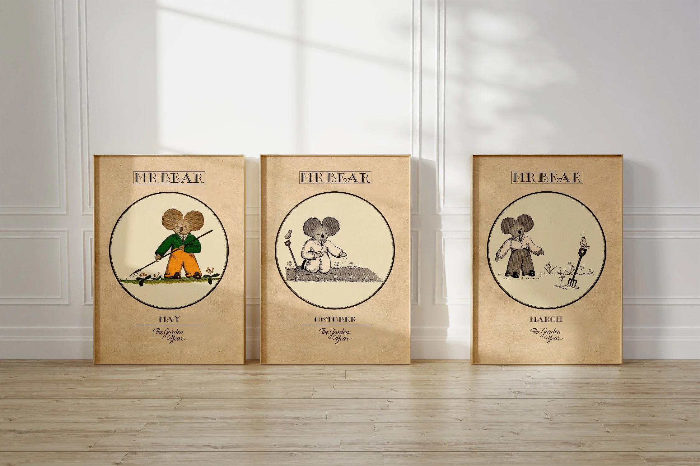 Three framed Oz prints of a koala Mr Bear, raking leaves in May, planting seeds in October and with a fork and singing bird in March.