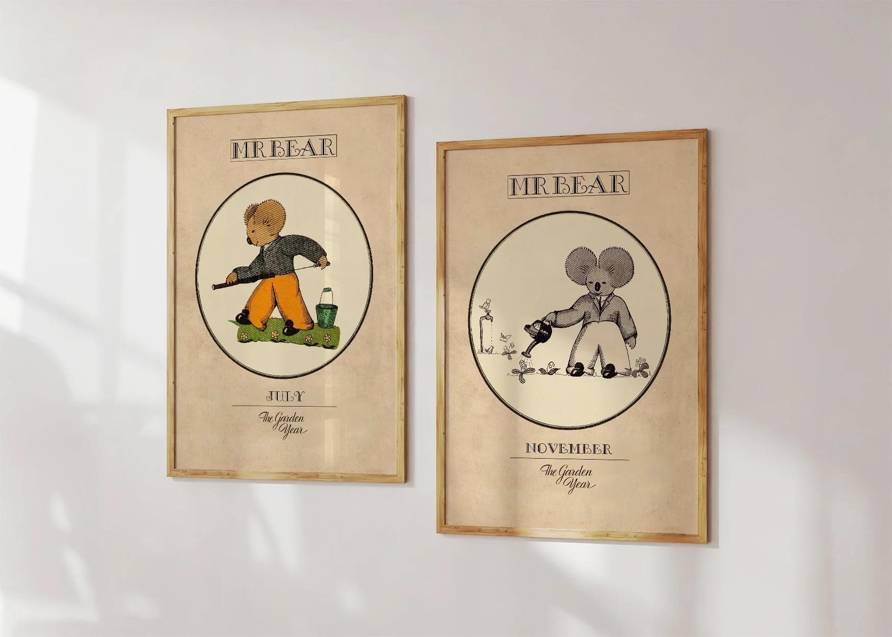 Two framed Oz prints with a koala Mr Bear, spraying in July and watering in November.
