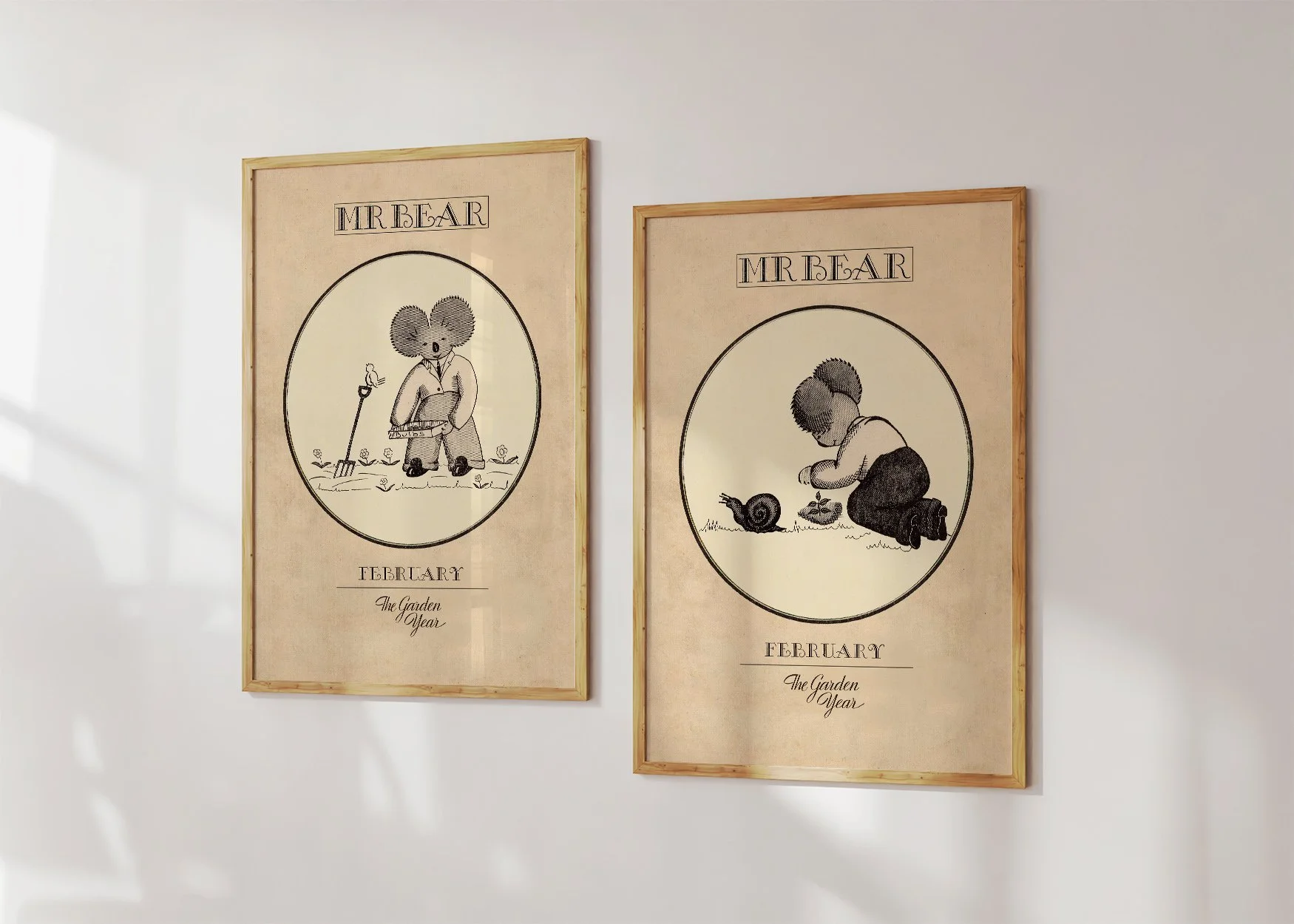 Two framed Oz prints with a koala Mr Bear, with a tray of bulbs and kneeling planting in February.