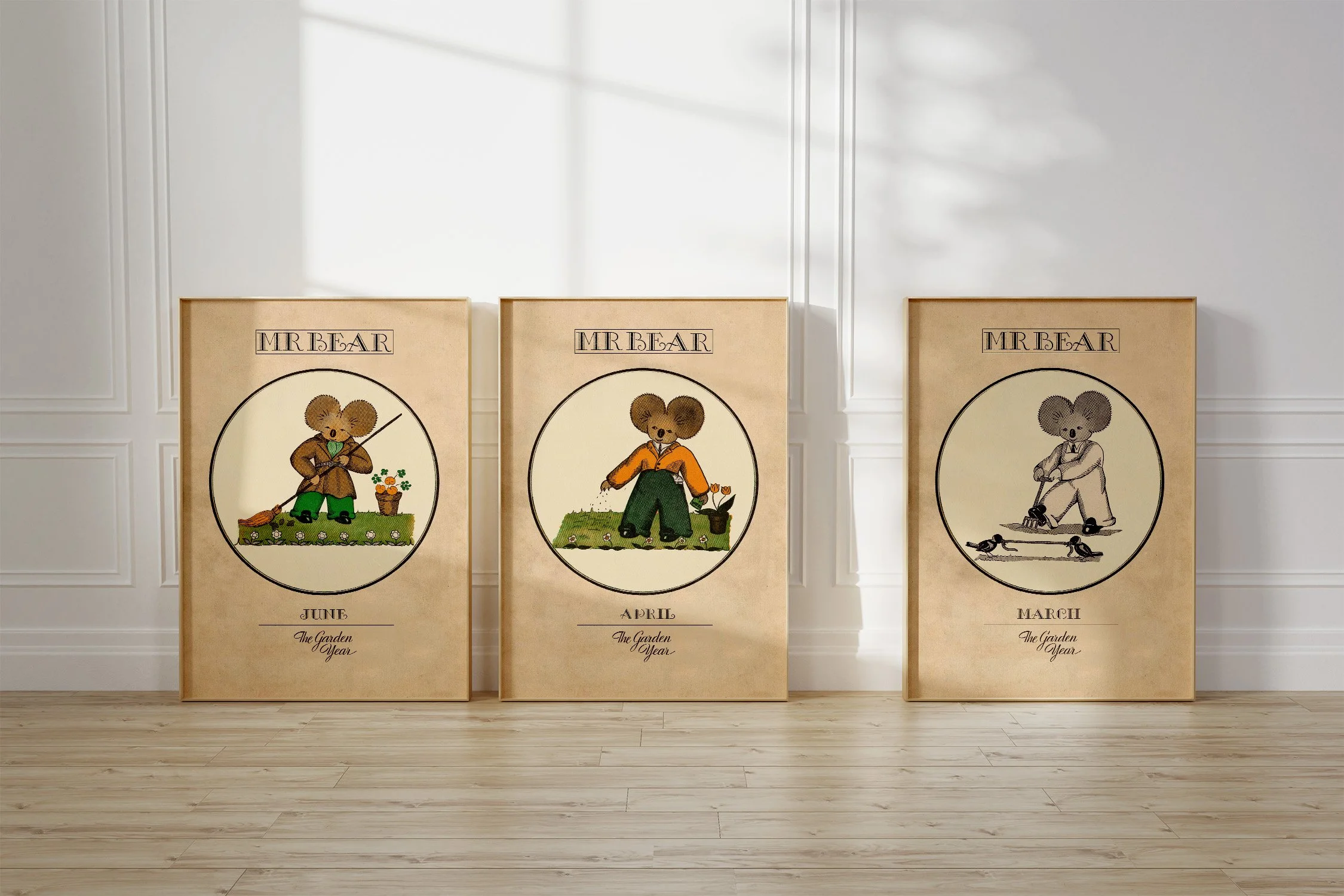 Three framed Oz prints with a koala Mr Bear, raking in June, sprinkling seeds in April and digging in March.
