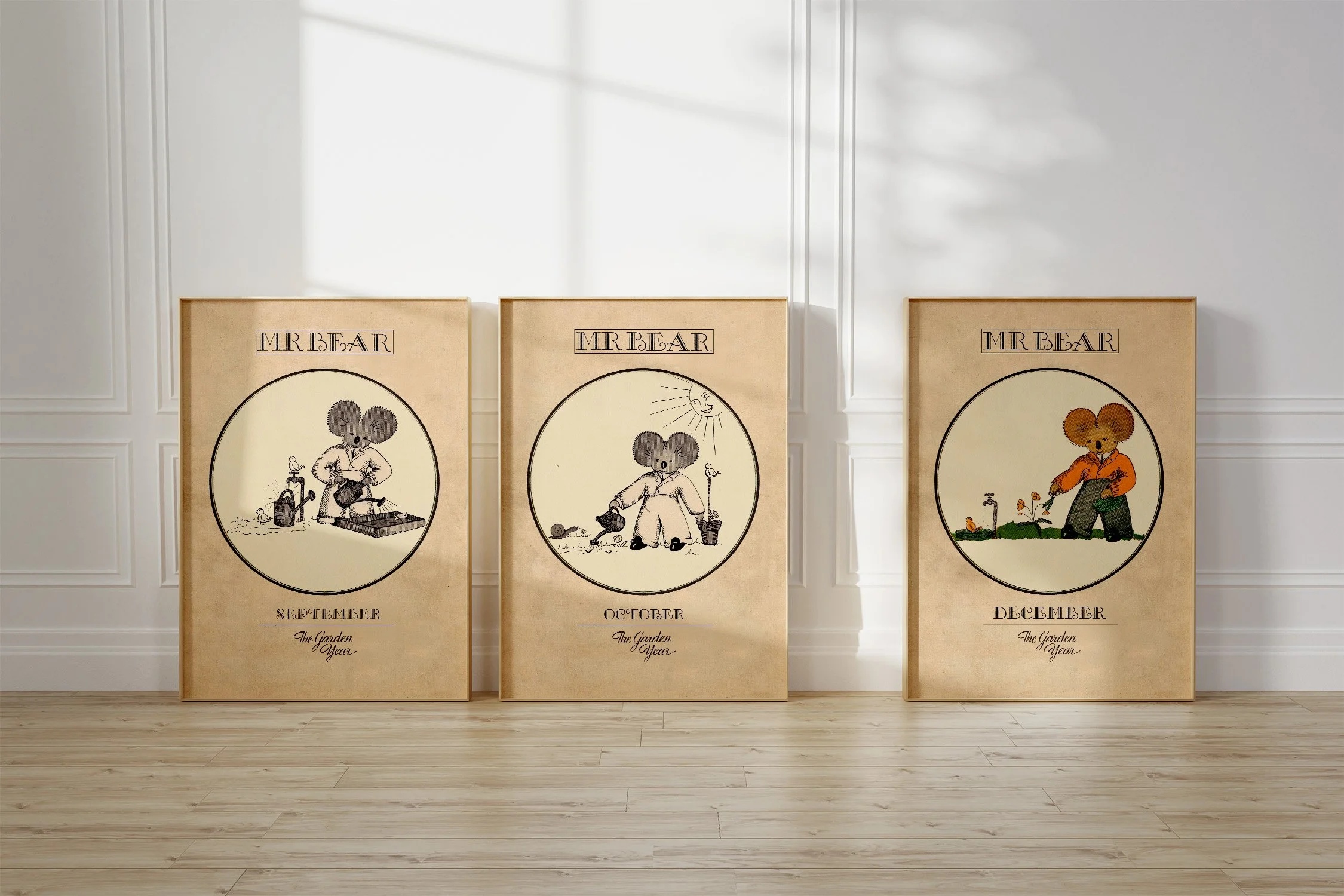 Three framed Oz prints of a koala Mr Bear watering in September and October, and cutting flowers in December.