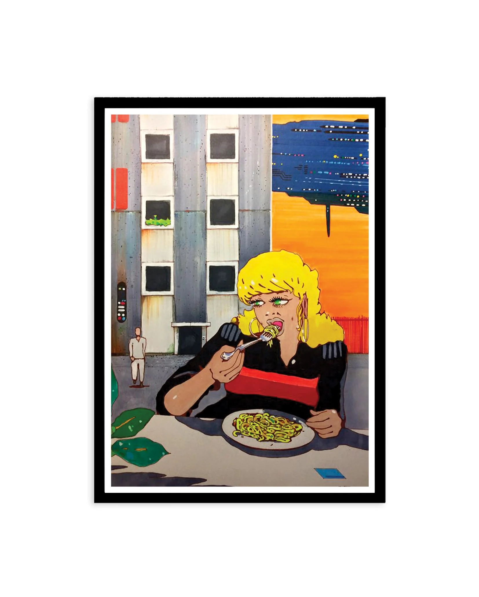 Black framed image of a girl eating pasta with a building behind.