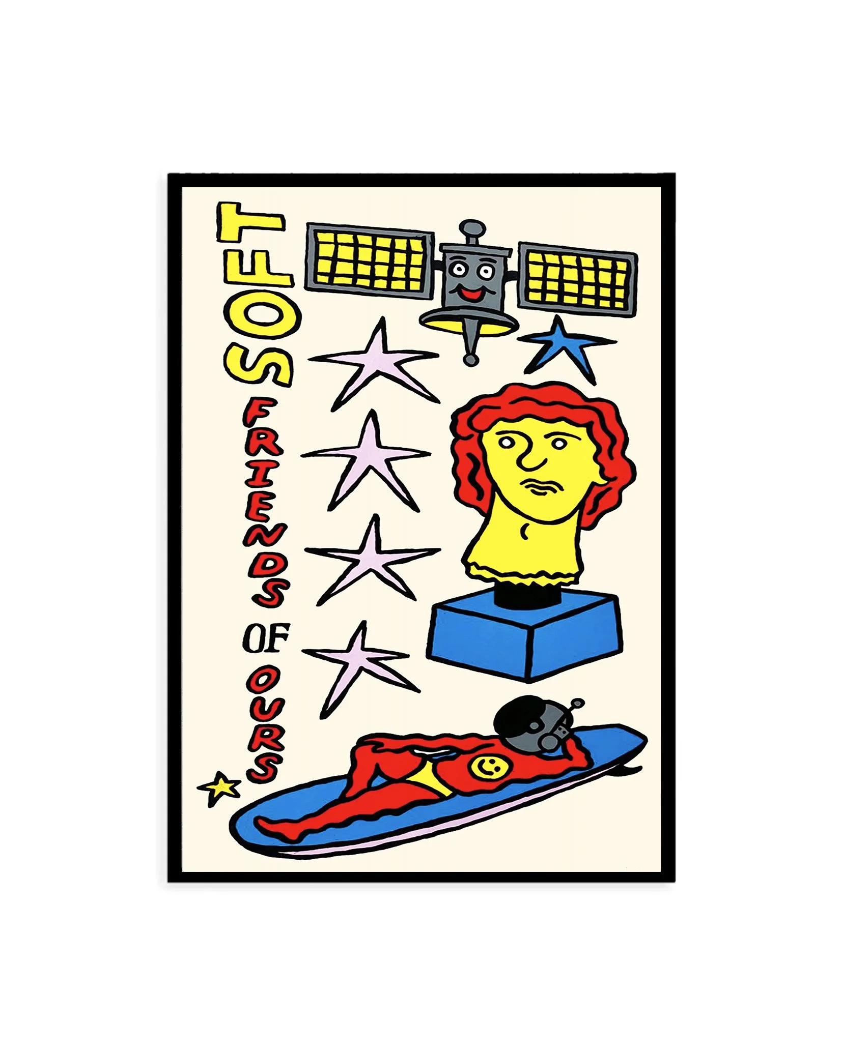 A black framed print of a colourful Brodie Jackson artwork with surf images, soft friends of ours text and with a surfboard and stars.