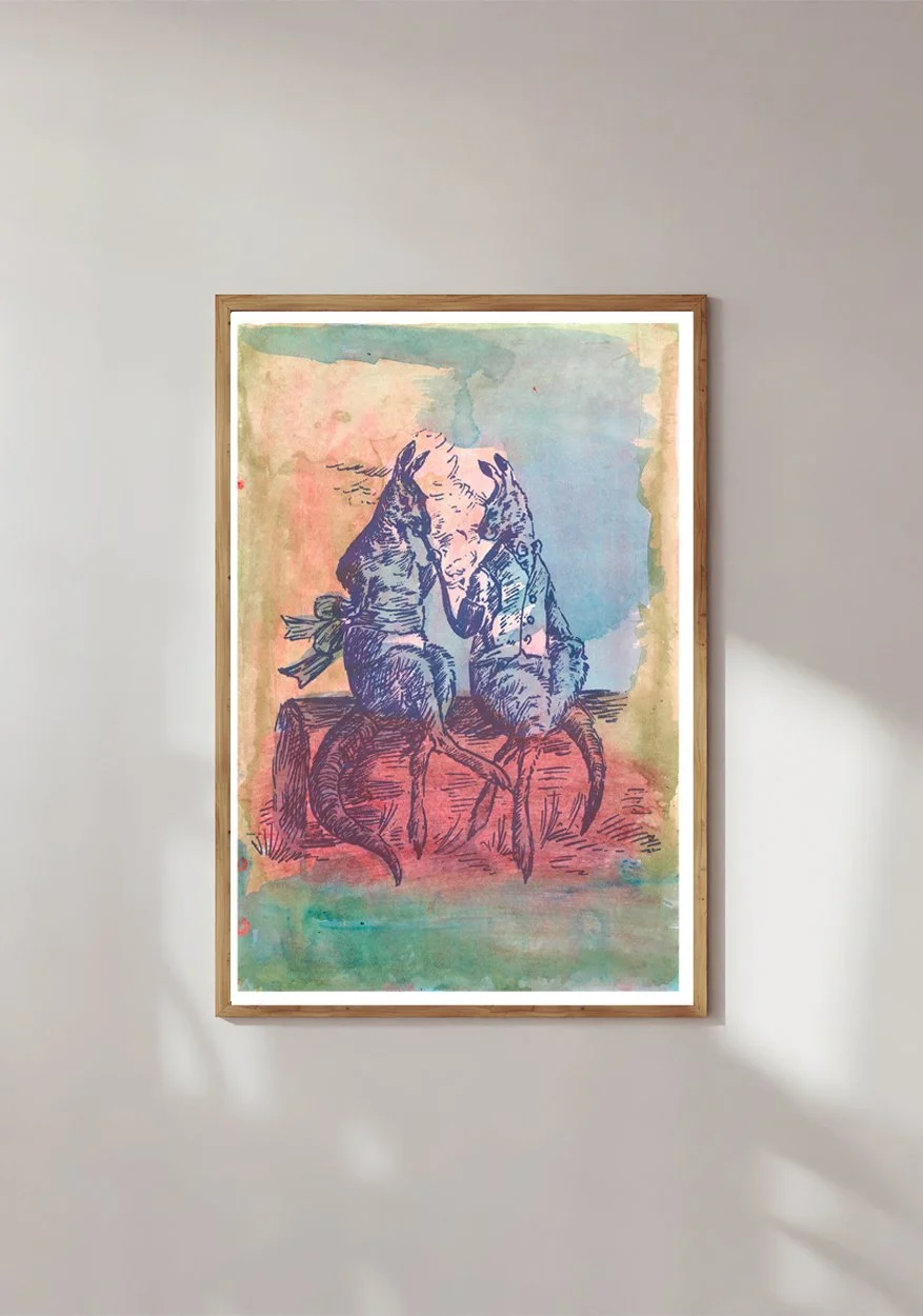 Blond framed print of kangas smoking a pipe with an artistic gouache background by Hoponit Studio.
