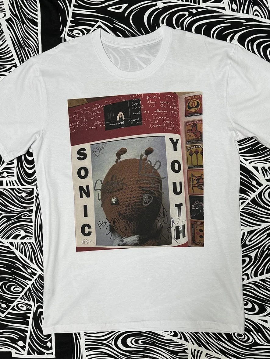 Front view of a Sophie Howarth Peace Love and Brown Rice image of Sonic Youth on a white tshirt.