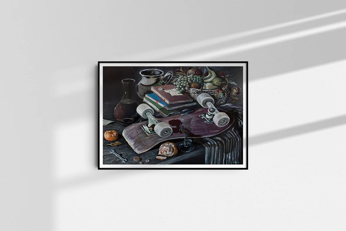 A framed print of the ultimate supper shown against a white wall.  the painting is in the renaissance style.