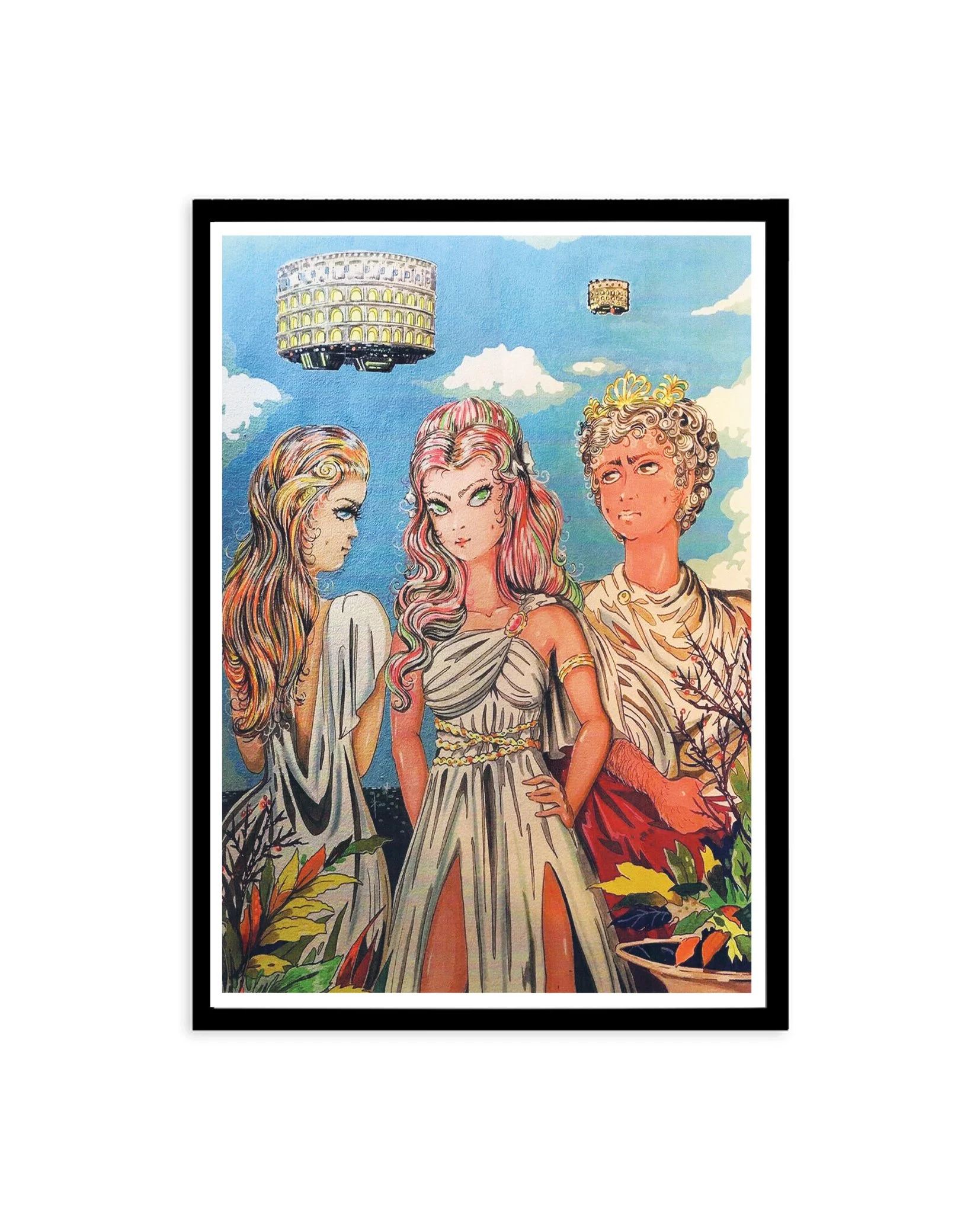Black framed print of two girls and a man dressed in traditional togas, with the colosseum floating in the sky.