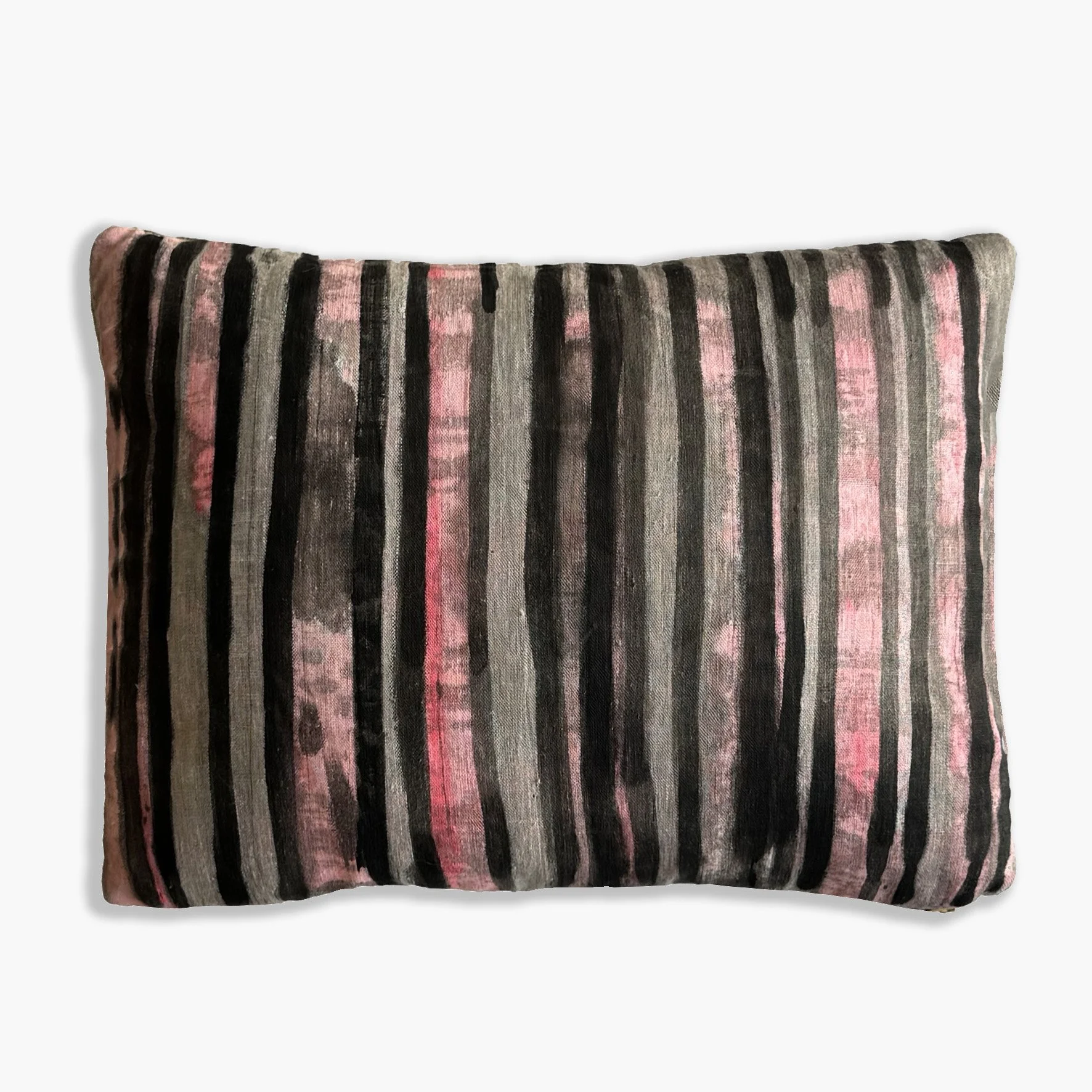 Lumbar cushion with vertical stripes in grey, pink and black.  Painted by artists in Hoponit Studio.