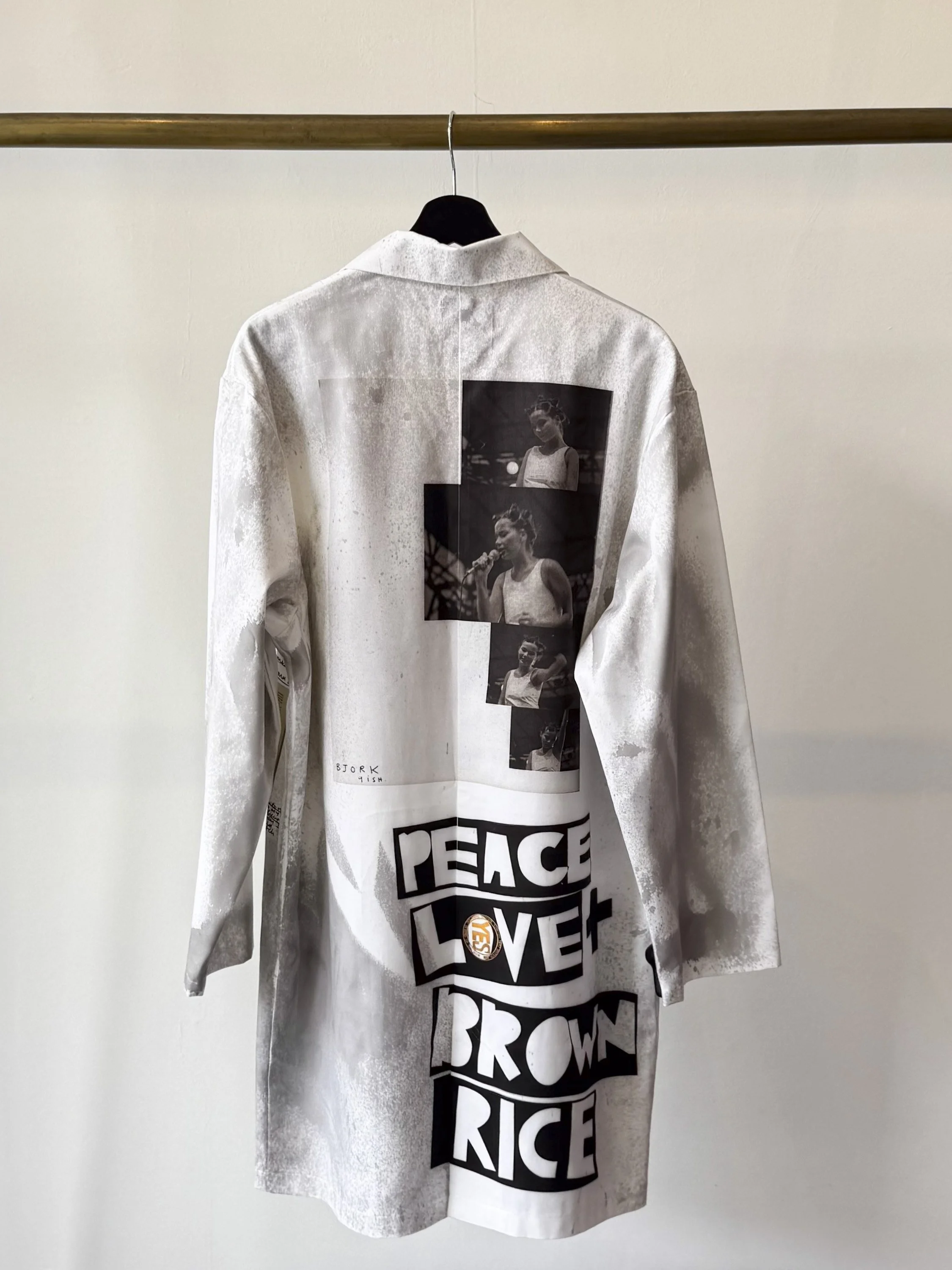Front view of art lab coat with oxidised treatment and Sophie Howarth's images of Nick Cave and Into my Arms music..jpg