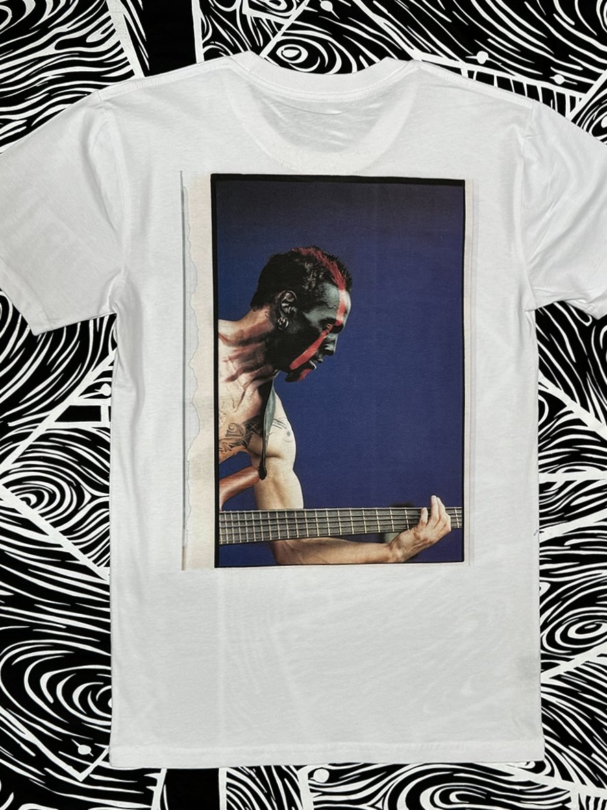 Back view of white tee with a large Sophie Howarth image of Mudvayne from the Big Day Out.